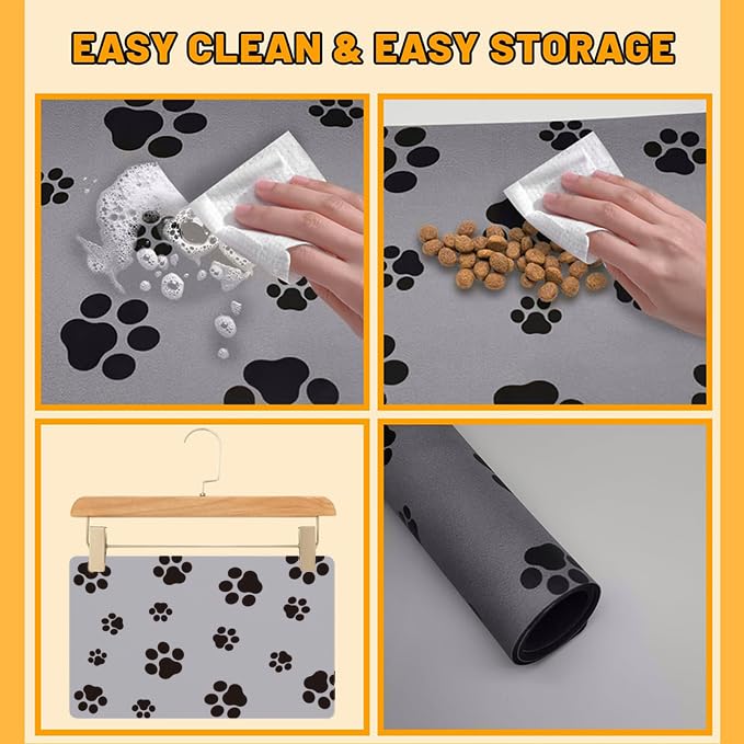 18"×30" Dog Food Mat-Absorbent Dog Mat for Food and Water, No Stains Quick Dry Cat Dog Food Bowl Mat Non Skid Dog Feeding Mat with Footprints for Messy Drinkers,Dark Grey