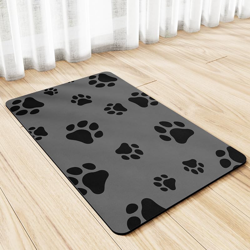 18"×30" Dog Food Mat-Absorbent Dog Mat for Food and Water, No Stains Quick Dry Cat Dog Food Bowl Mat Non Skid Dog Feeding Mat with Footprints for Messy Drinkers,Dark Grey