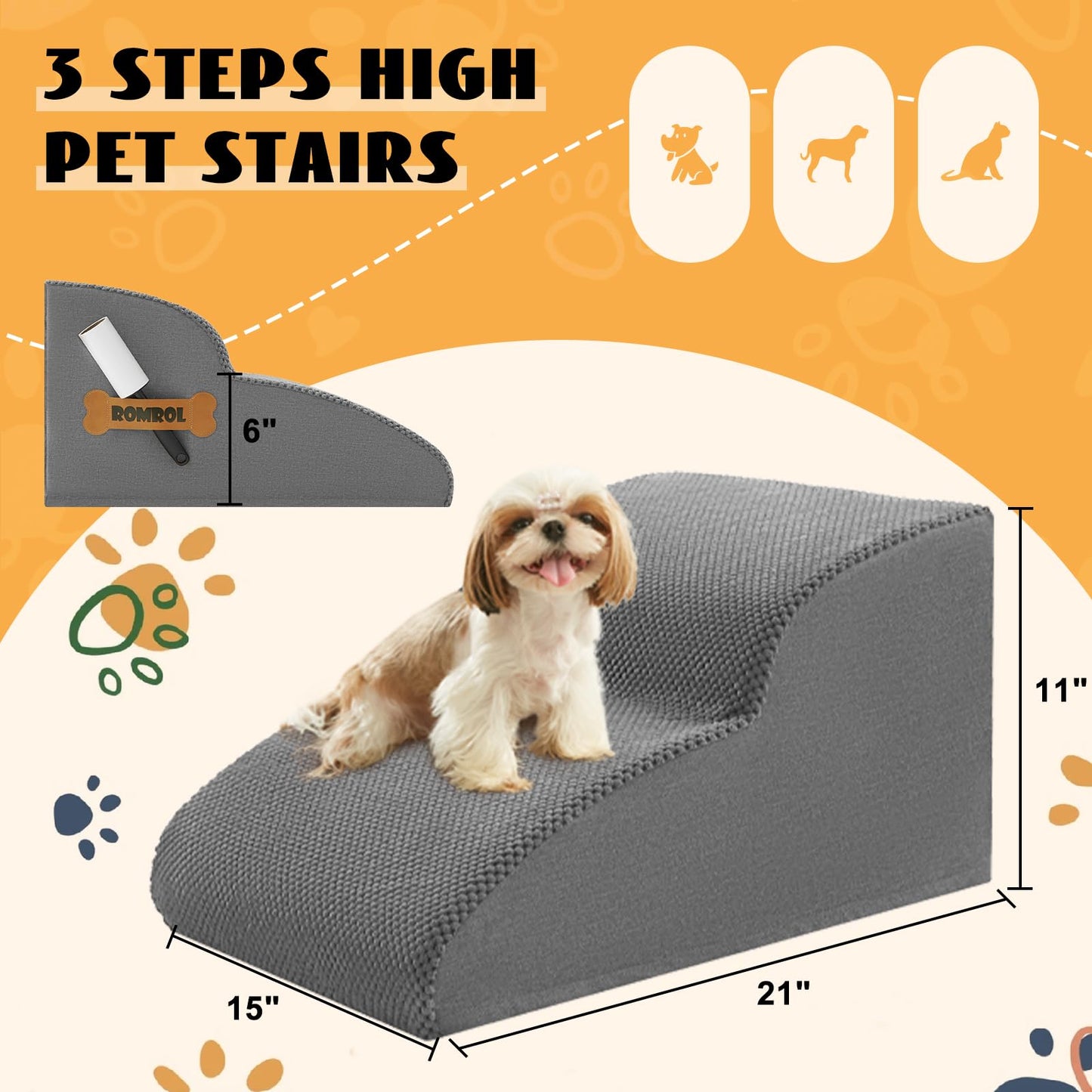 Romrol Dog Stairs Ramp for Beds Couches, Extra Wide Pet Steps with Durable Non-Slip Waterproof Fabric Cover, Dog Slope Stairs for Small Dogs and Cats or Pets Friendly, 3-Tiers