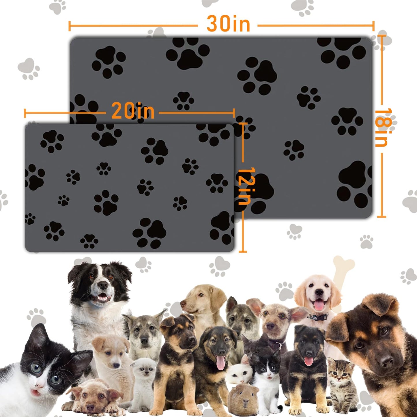 18"×30" Dog Food Mat-Absorbent Dog Mat for Food and Water, No Stains Quick Dry Cat Dog Food Bowl Mat Non Skid Dog Feeding Mat with Footprints for Messy Drinkers,Dark Grey