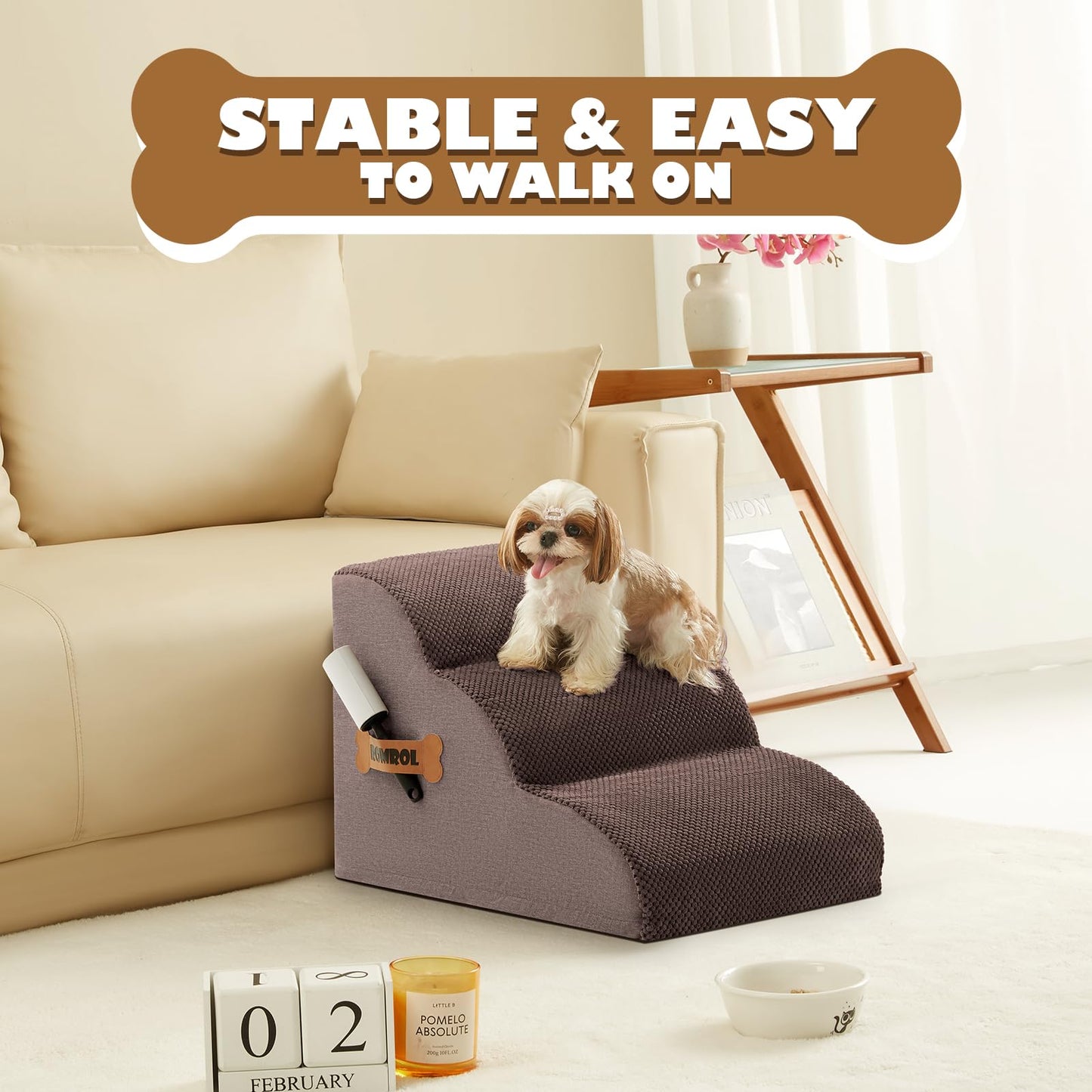 Romrol Dog Stairs Ramp for Beds Couches, Extra Wide Pet Steps with Durable Non-Slip Waterproof Fabric Cover, Dog Slope Stairs for Small Dogs and Cats or Pets Friendly, 3-Tiers