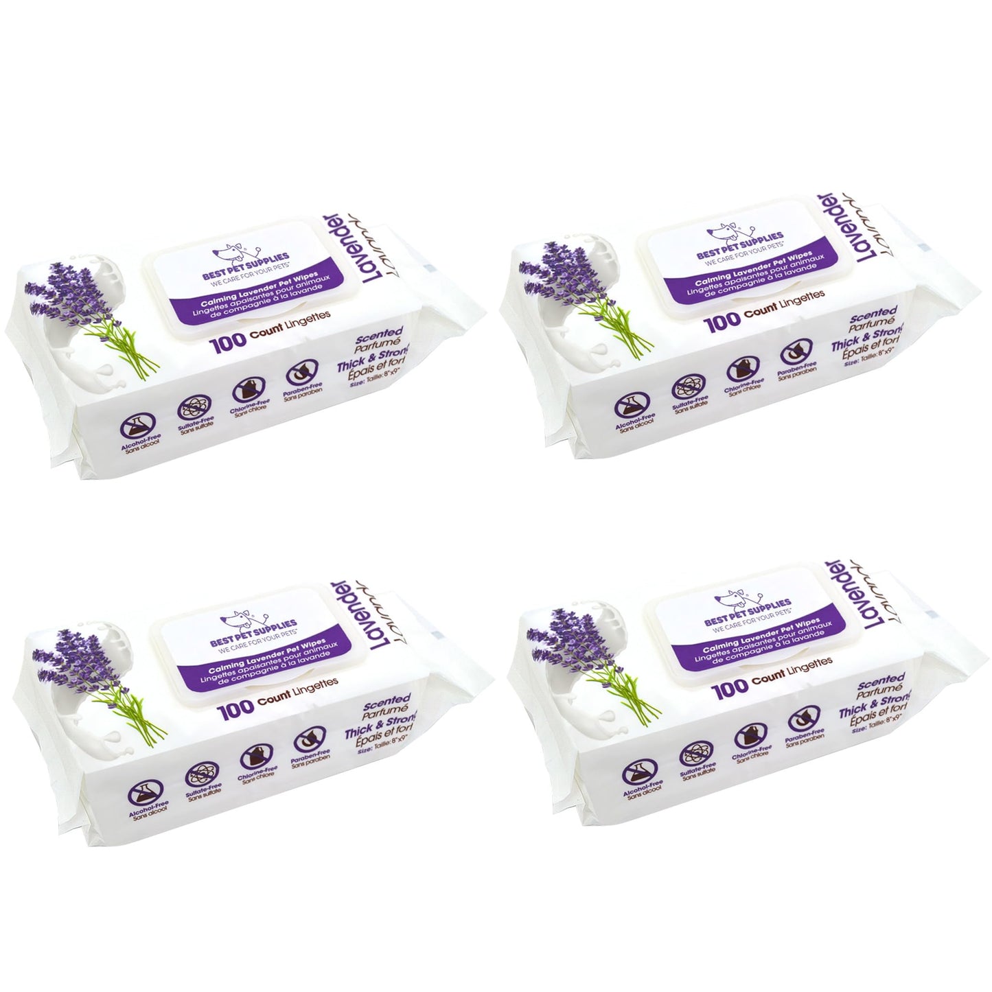 Best Pet Supplies 8" x 9" Pet Grooming Wipes for Dogs & Cats, 100 Pack, Plant-Based Deodorizer for Coats & Dry, Itchy, or Sensitive Skin, Clean Ears, Paws, & Butt - Calming Lavender