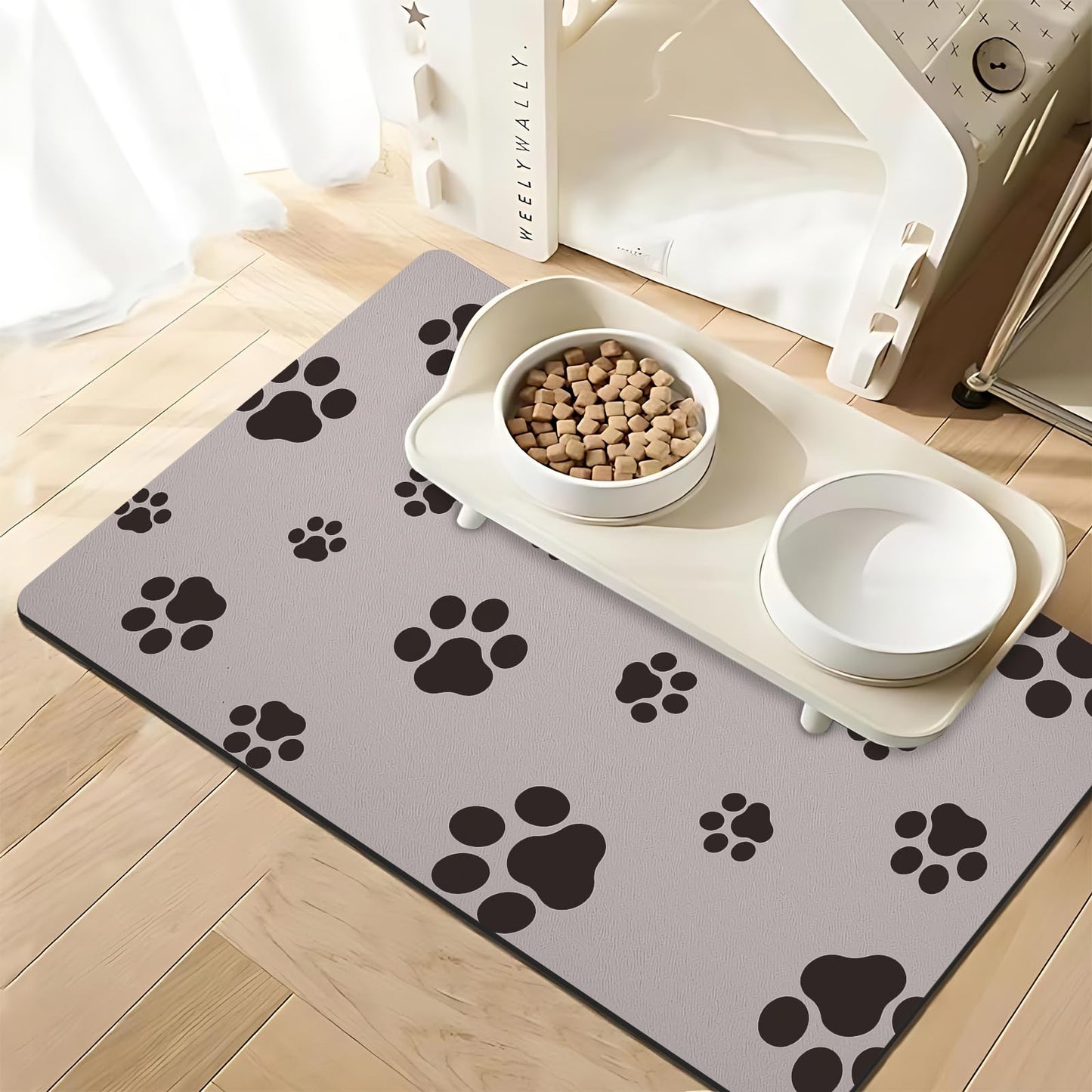 18"×30" Dog Food Mat-Absorbent Dog Mat for Food and Water, No Stains Quick Dry Cat Dog Food Bowl Mat Non Skid Dog Feeding Mat with Footprints for Messy Drinkers,Dark Grey