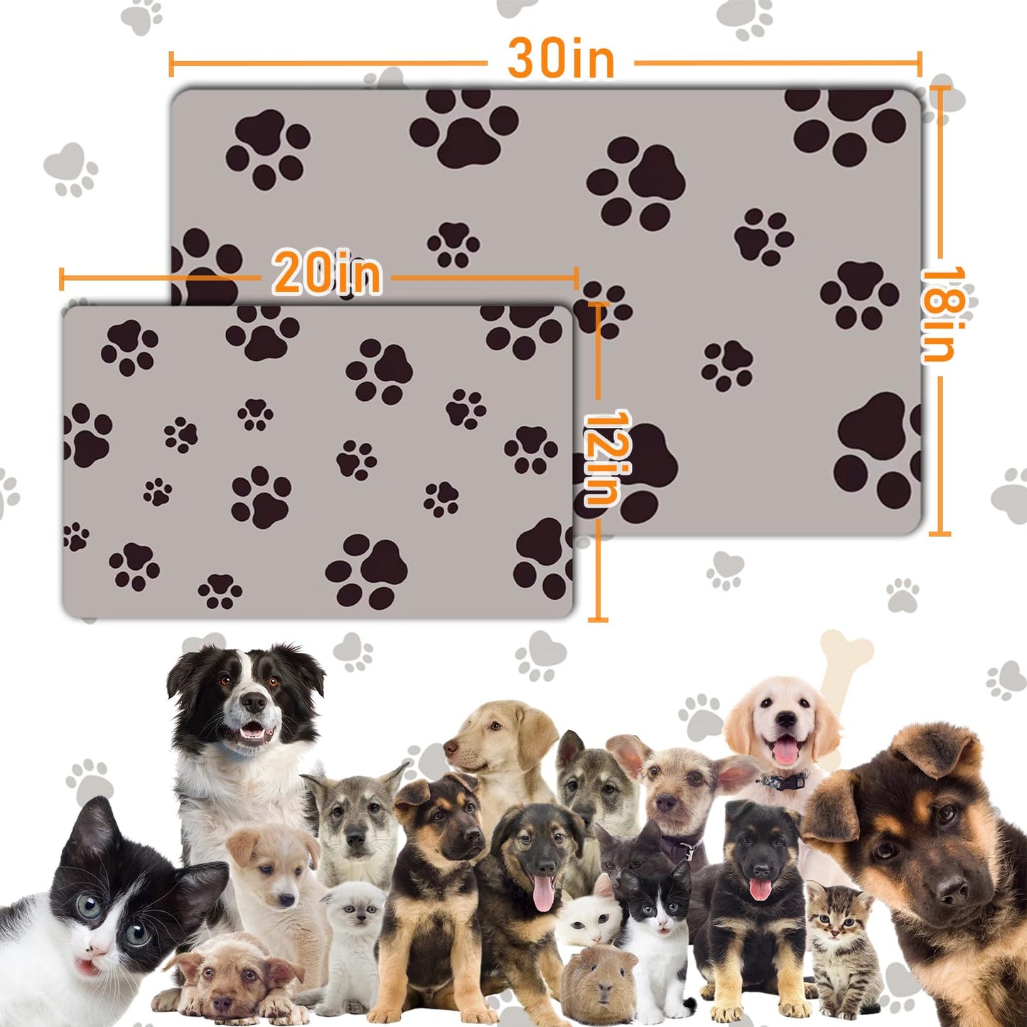 18"×30" Dog Food Mat-Absorbent Dog Mat for Food and Water, No Stains Quick Dry Cat Dog Food Bowl Mat Non Skid Dog Feeding Mat with Footprints for Messy Drinkers,Dark Grey