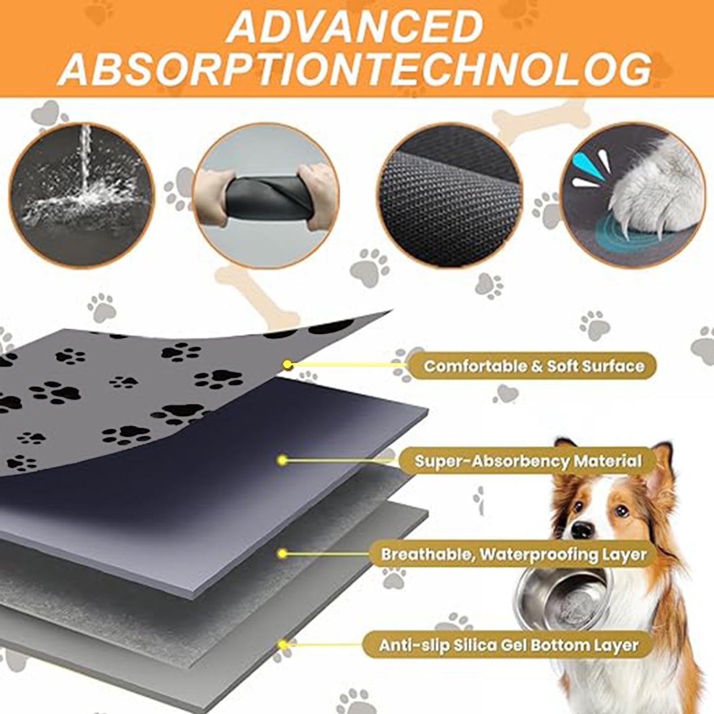 18"×30" Dog Food Mat-Absorbent Dog Mat for Food and Water, No Stains Quick Dry Cat Dog Food Bowl Mat Non Skid Dog Feeding Mat with Footprints for Messy Drinkers,Dark Grey