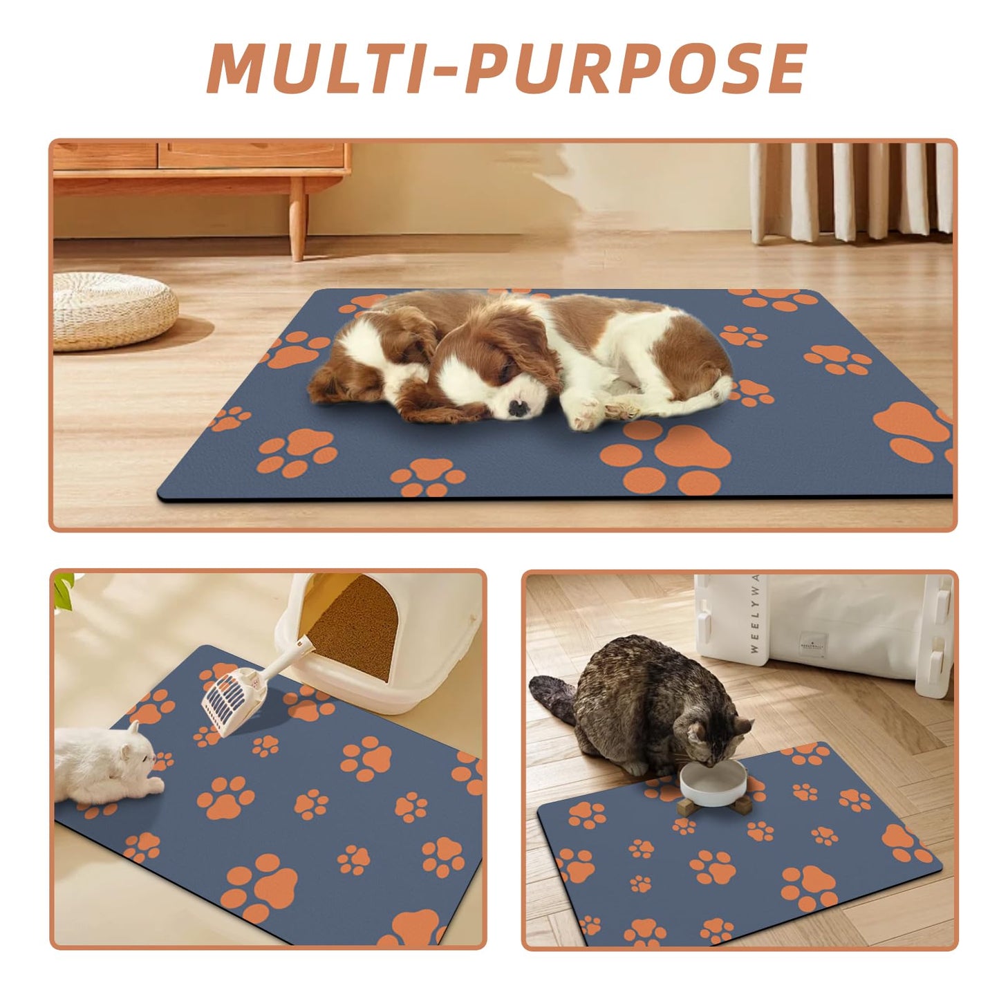 18"×30" Dog Food Mat-Absorbent Dog Mat for Food and Water, No Stains Quick Dry Cat Dog Food Bowl Mat Non Skid Dog Feeding Mat with Footprints for Messy Drinkers,Dark Grey