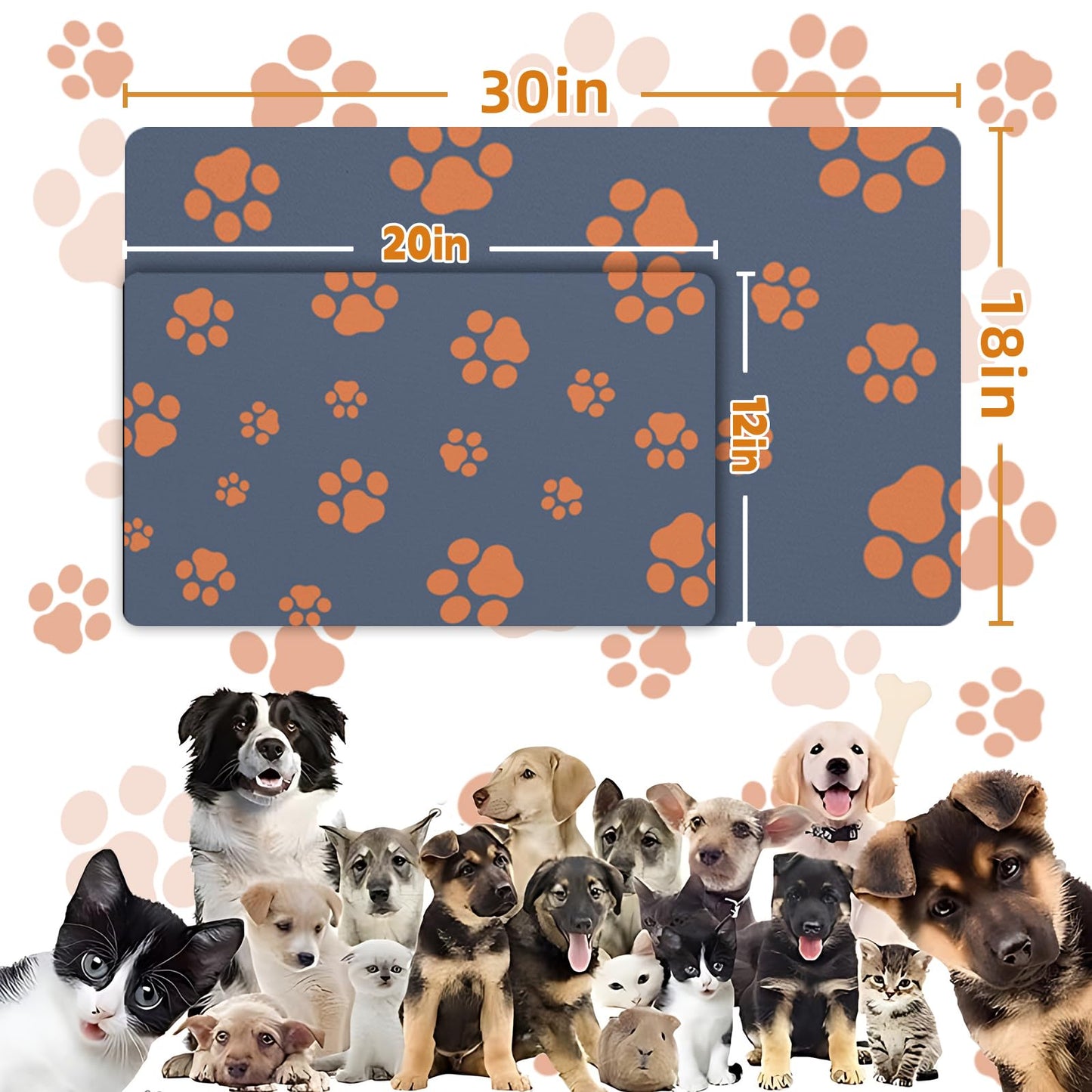 18"×30" Dog Food Mat-Absorbent Dog Mat for Food and Water, No Stains Quick Dry Cat Dog Food Bowl Mat Non Skid Dog Feeding Mat with Footprints for Messy Drinkers,Dark Grey