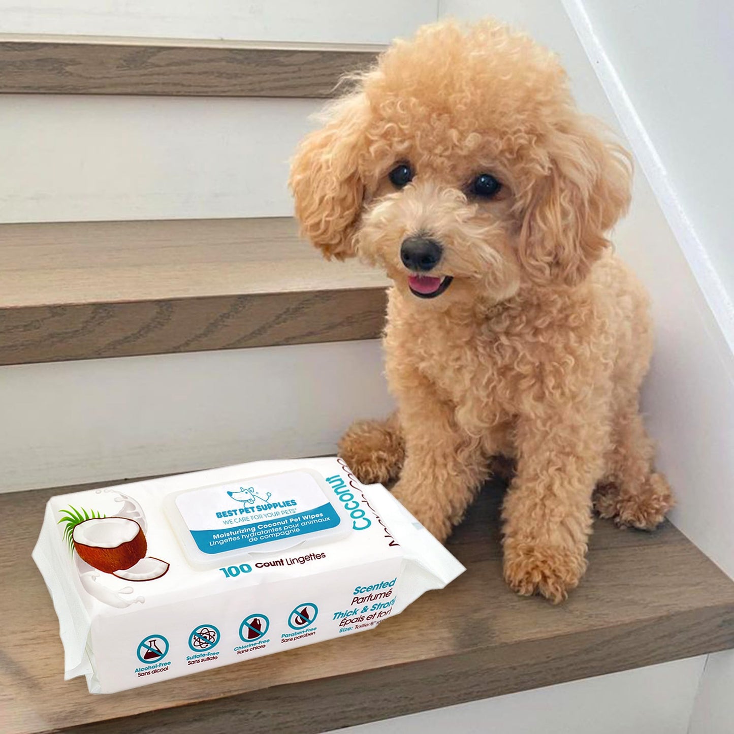 Best Pet Supplies 8" x 9" Pet Grooming Wipes for Dogs & Cats, 100 Pack, Plant-Based Deodorizer for Coats & Dry, Itchy, or Sensitive Skin, Clean Ears, Paws, & Butt - Calming Lavender