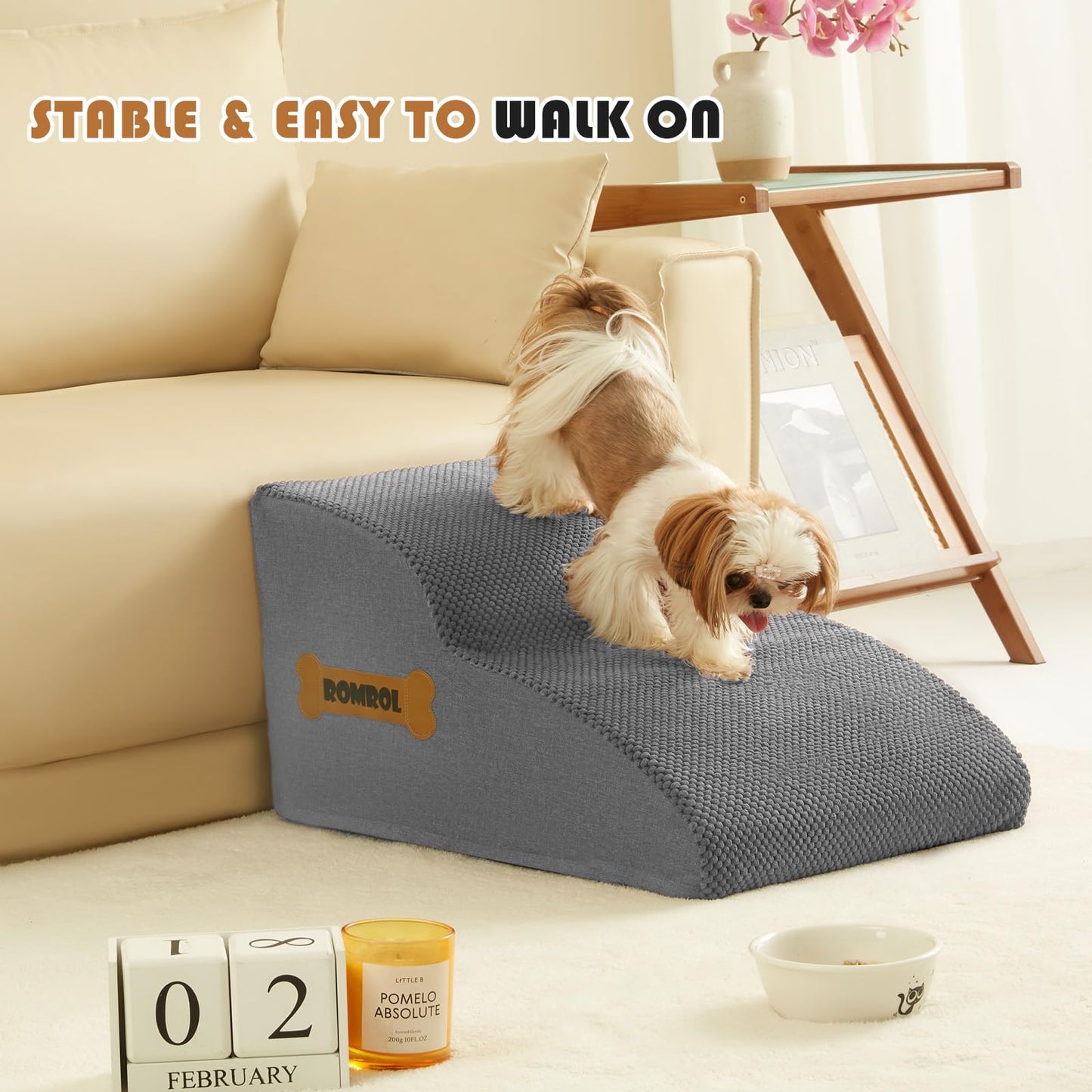 Romrol Dog Stairs Ramp for Beds Couches, Extra Wide Pet Steps with Durable Non-Slip Waterproof Fabric Cover, Dog Slope Stairs for Small Dogs and Cats or Pets Friendly, 3-Tiers
