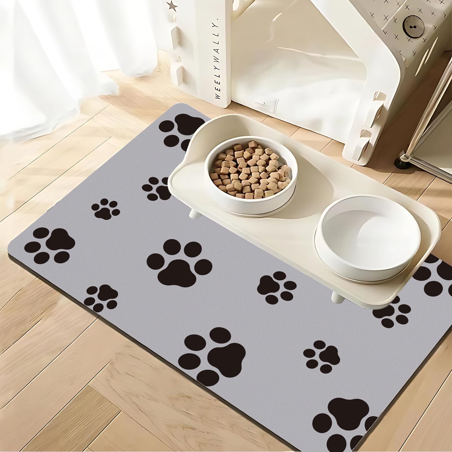 18"×30" Dog Food Mat-Absorbent Dog Mat for Food and Water, No Stains Quick Dry Cat Dog Food Bowl Mat Non Skid Dog Feeding Mat with Footprints for Messy Drinkers,Dark Grey