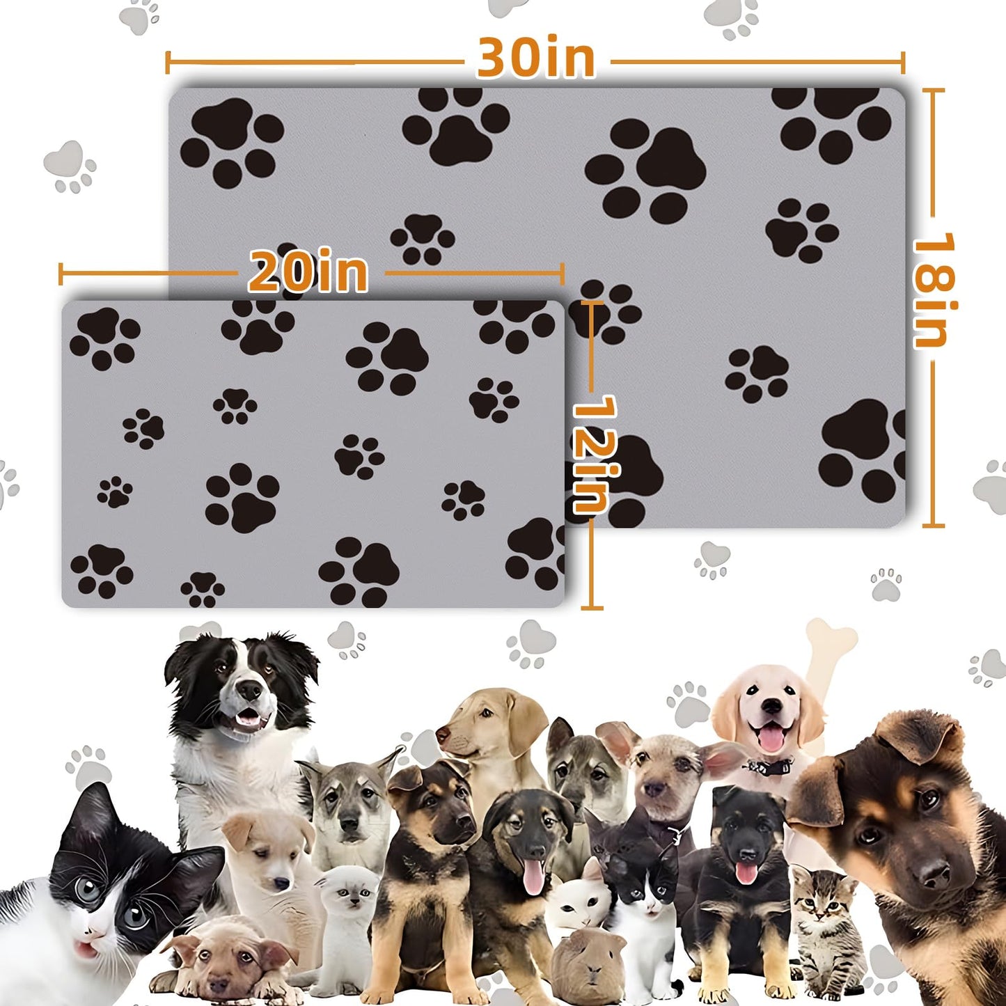18"×30" Dog Food Mat-Absorbent Dog Mat for Food and Water, No Stains Quick Dry Cat Dog Food Bowl Mat Non Skid Dog Feeding Mat with Footprints for Messy Drinkers,Dark Grey
