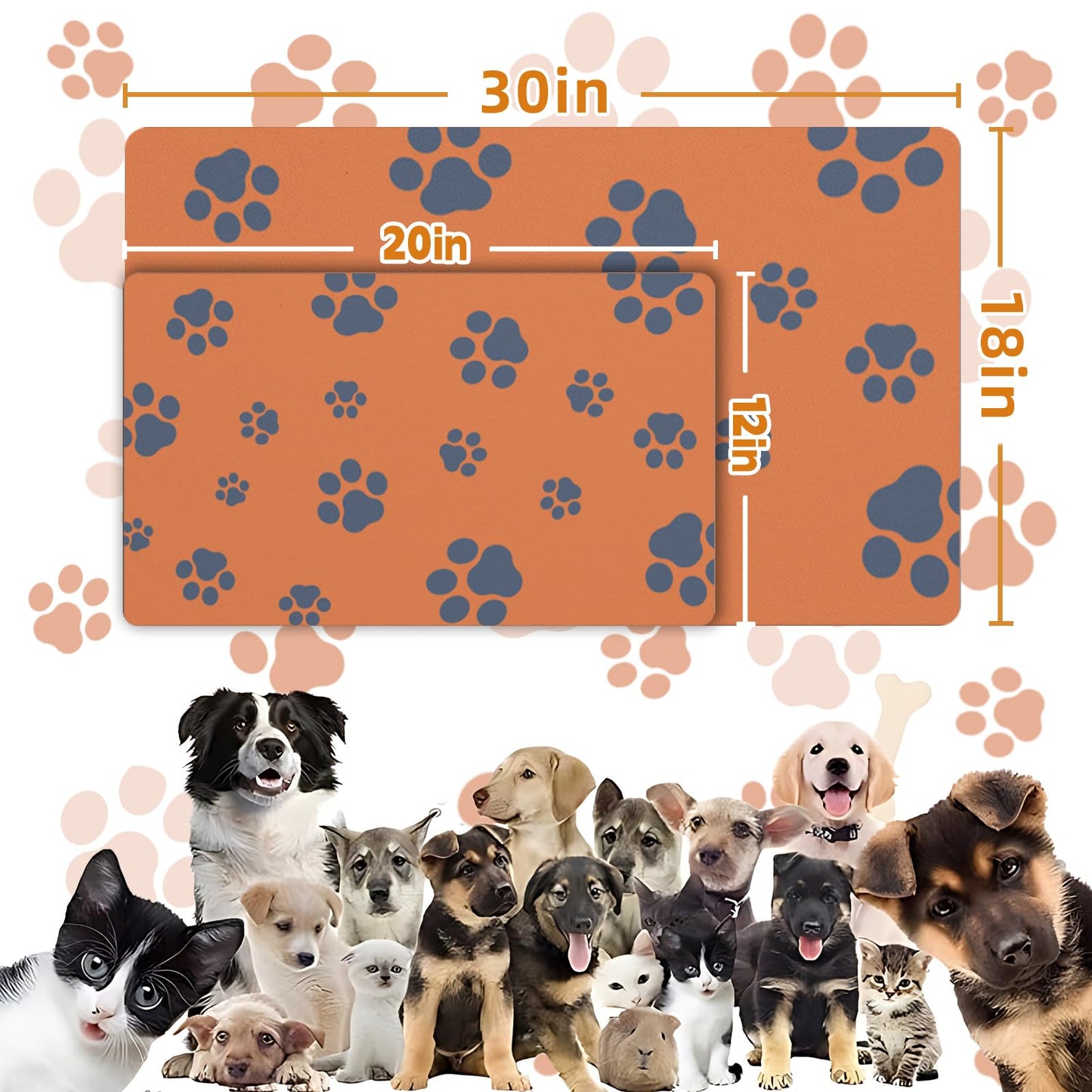 18"×30" Dog Food Mat-Absorbent Dog Mat for Food and Water, No Stains Quick Dry Cat Dog Food Bowl Mat Non Skid Dog Feeding Mat with Footprints for Messy Drinkers,Dark Grey