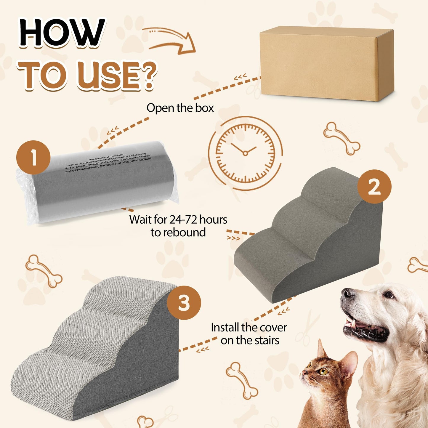 Romrol Dog Stairs Ramp for Beds Couches, Extra Wide Pet Steps with Durable Non-Slip Waterproof Fabric Cover, Dog Slope Stairs for Small Dogs and Cats or Pets Friendly, 3-Tiers
