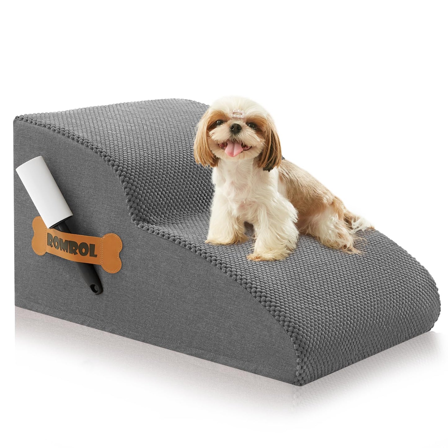 Romrol Dog Stairs Ramp for Beds Couches, Extra Wide Pet Steps with Durable Non-Slip Waterproof Fabric Cover, Dog Slope Stairs for Small Dogs and Cats or Pets Friendly, 3-Tiers