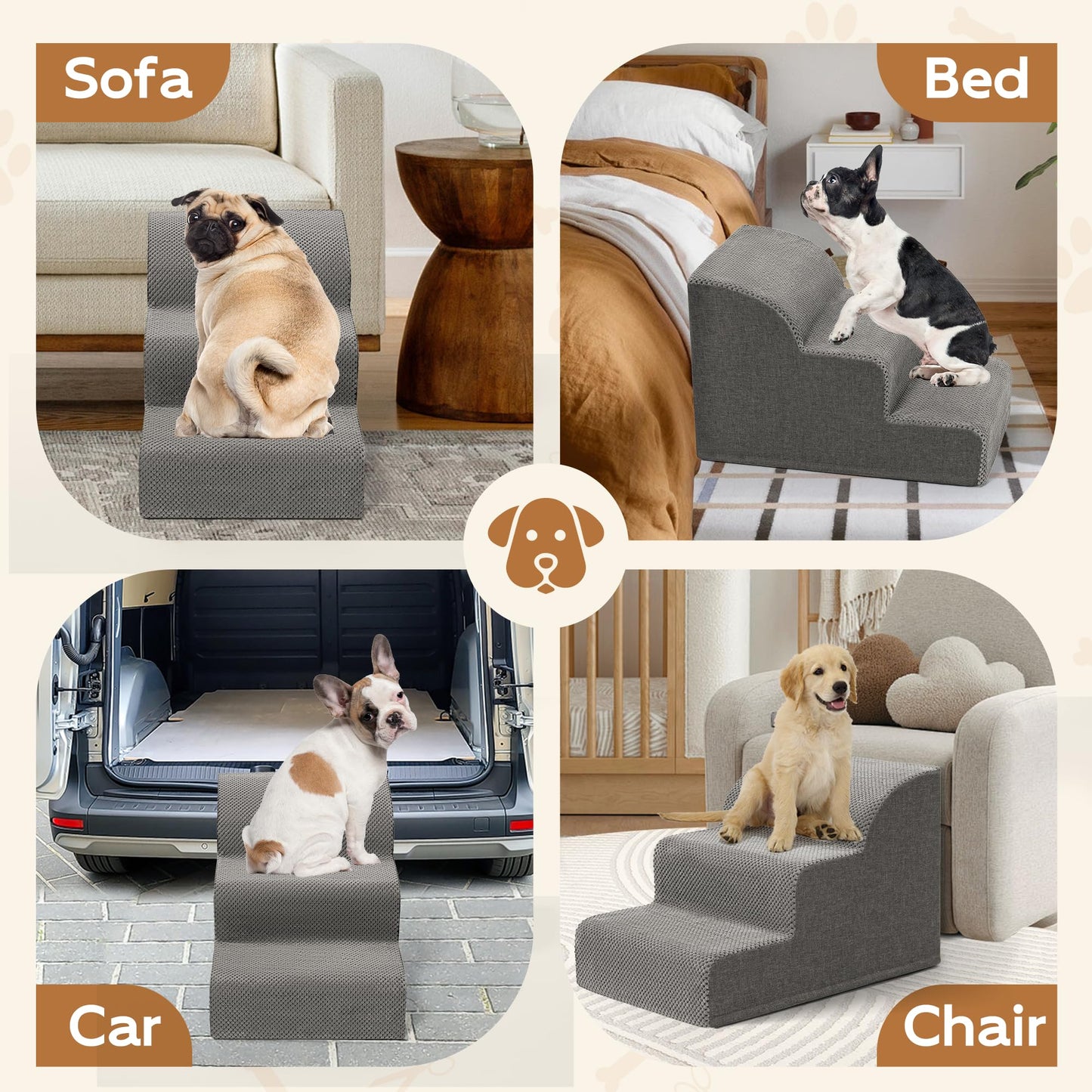 Romrol Dog Stairs Ramp for Beds Couches, Extra Wide Pet Steps with Durable Non-Slip Waterproof Fabric Cover, Dog Slope Stairs for Small Dogs and Cats or Pets Friendly, 3-Tiers