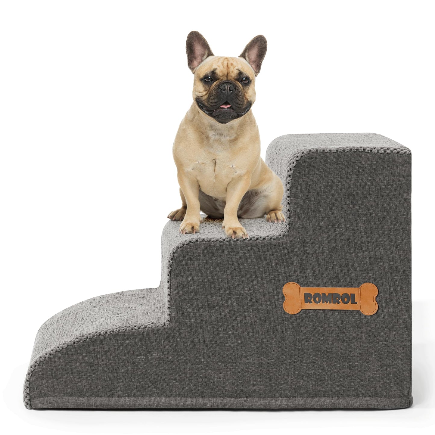 Romrol Dog Stairs Ramp for Beds Couches, Extra Wide Pet Steps with Durable Non-Slip Waterproof Fabric Cover, Dog Slope Stairs for Small Dogs and Cats or Pets Friendly, 3-Tiers