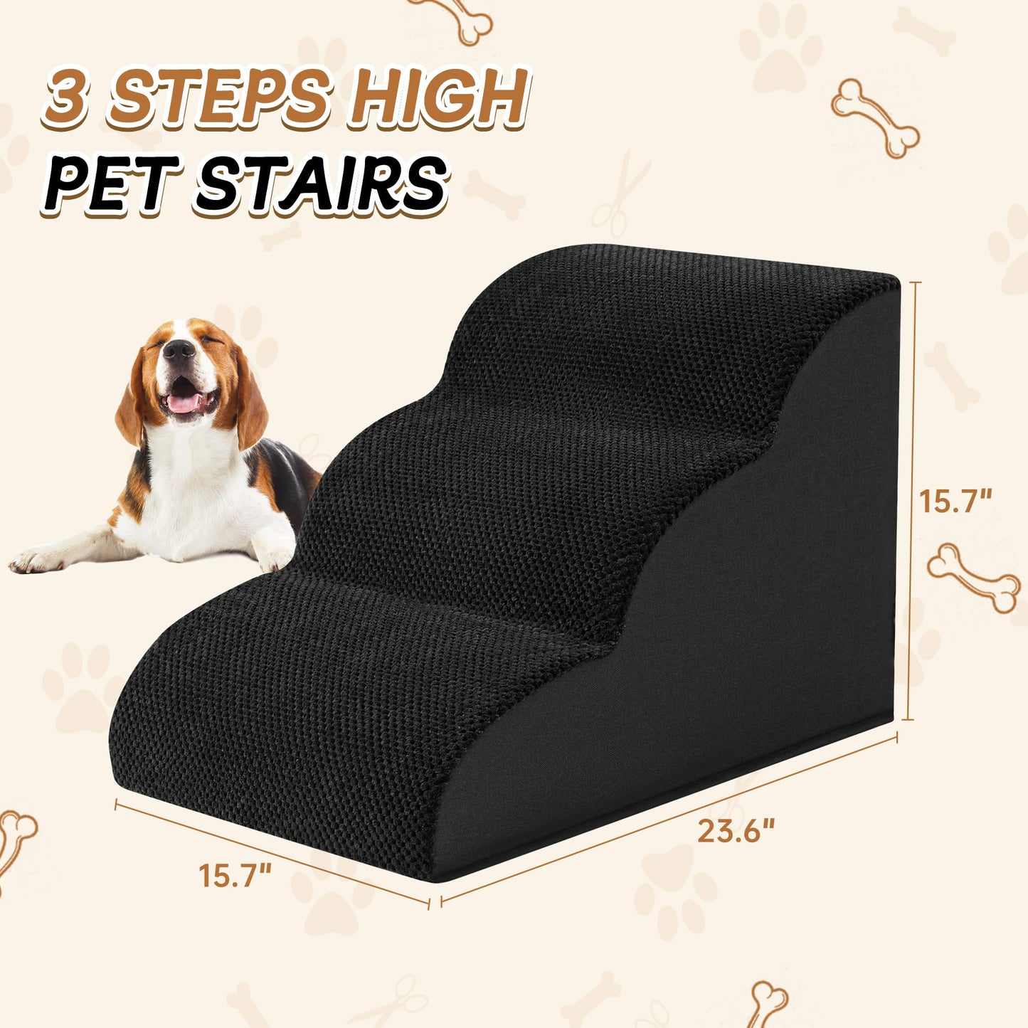 Romrol Dog Stairs Ramp for Beds Couches, Extra Wide Pet Steps with Durable Non-Slip Waterproof Fabric Cover, Dog Slope Stairs for Small Dogs and Cats or Pets Friendly, 3-Tiers