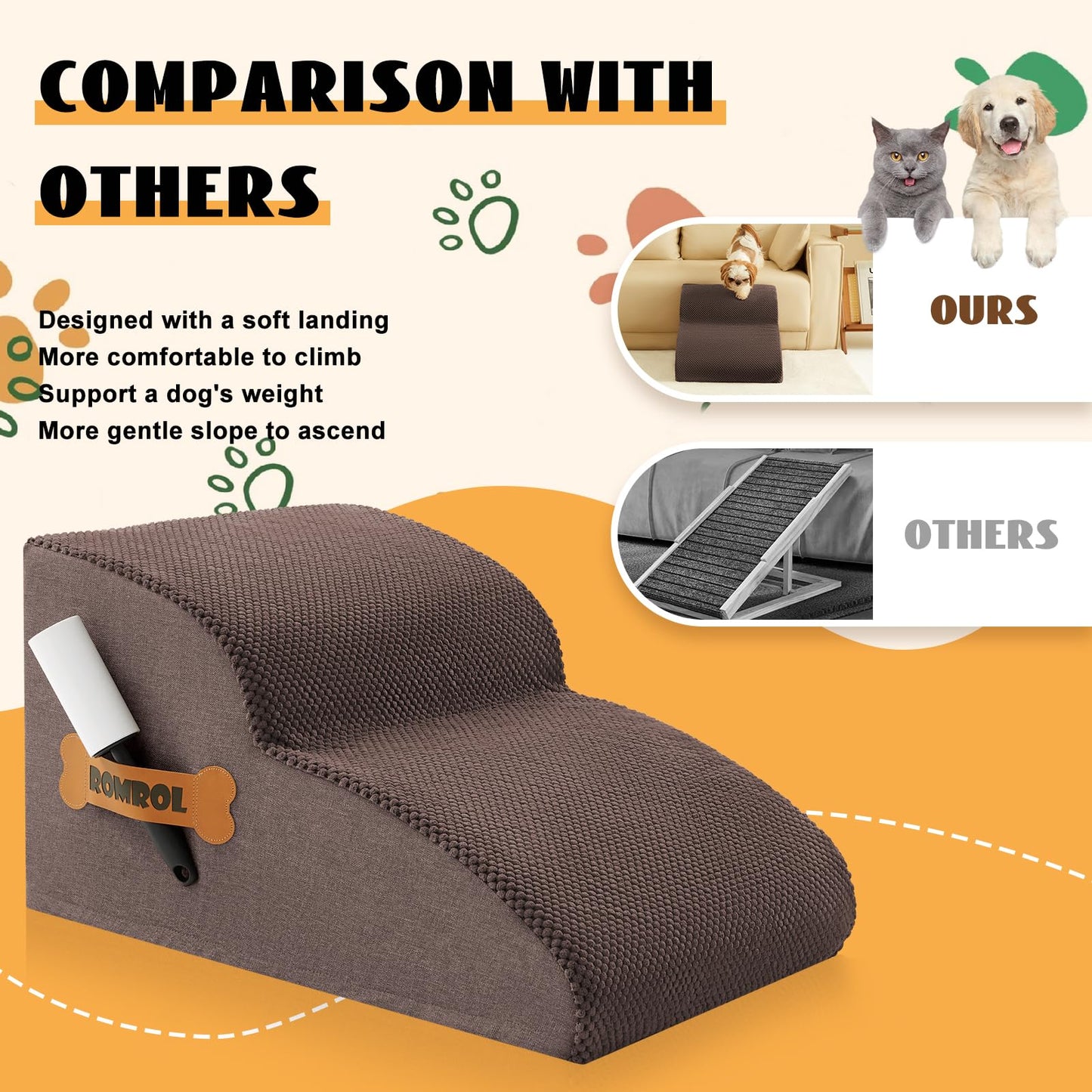 Romrol Dog Stairs Ramp for Beds Couches, Extra Wide Pet Steps with Durable Non-Slip Waterproof Fabric Cover, Dog Slope Stairs for Small Dogs and Cats or Pets Friendly, 3-Tiers