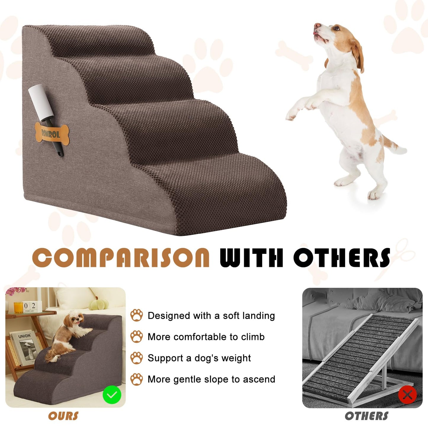 Romrol Dog Stairs Ramp for Beds Couches, Extra Wide Pet Steps with Durable Non-Slip Waterproof Fabric Cover, Dog Slope Stairs for Small Dogs and Cats or Pets Friendly, 3-Tiers