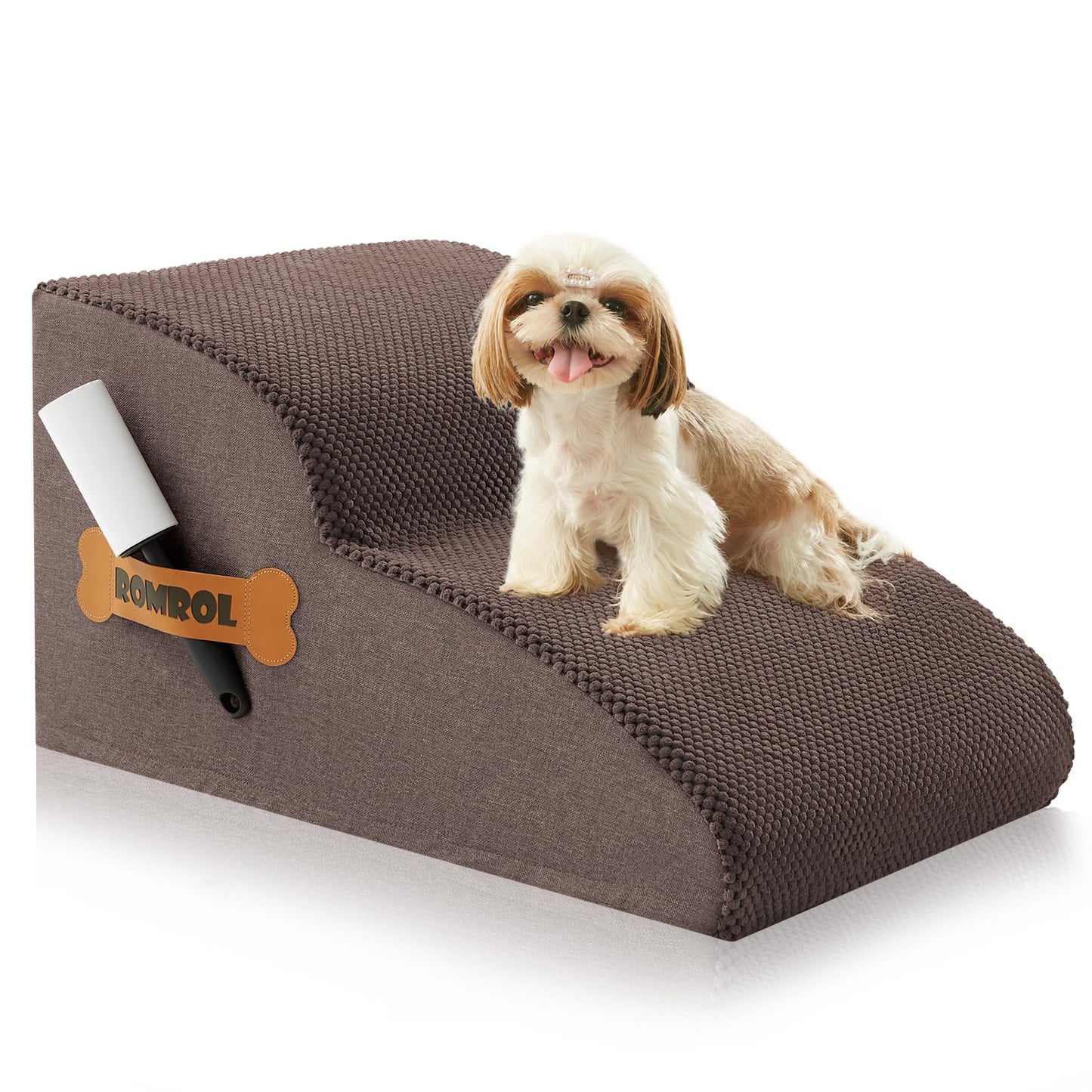 Romrol Dog Stairs Ramp for Beds Couches, Extra Wide Pet Steps with Durable Non-Slip Waterproof Fabric Cover, Dog Slope Stairs for Small Dogs and Cats or Pets Friendly, 3-Tiers