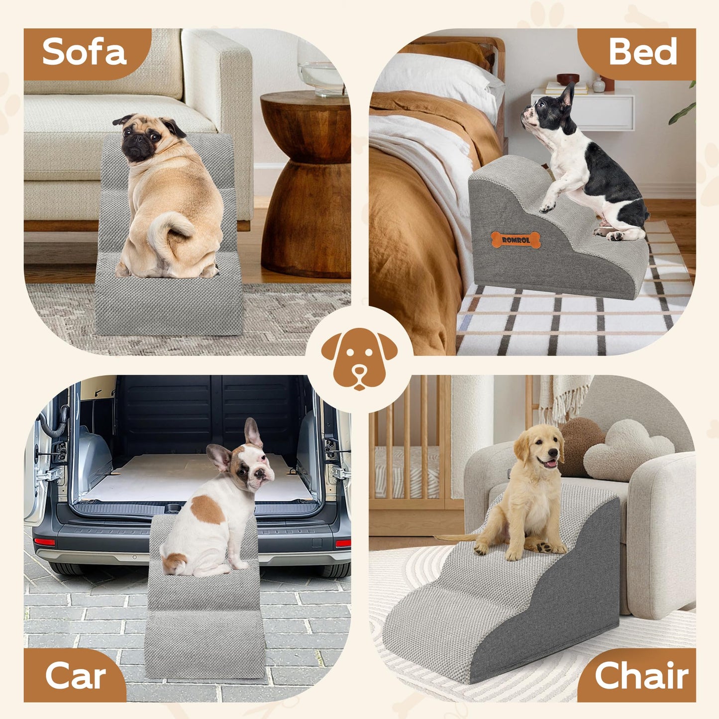 Romrol Dog Stairs Ramp for Beds Couches, Extra Wide Pet Steps with Durable Non-Slip Waterproof Fabric Cover, Dog Slope Stairs for Small Dogs and Cats or Pets Friendly, 3-Tiers