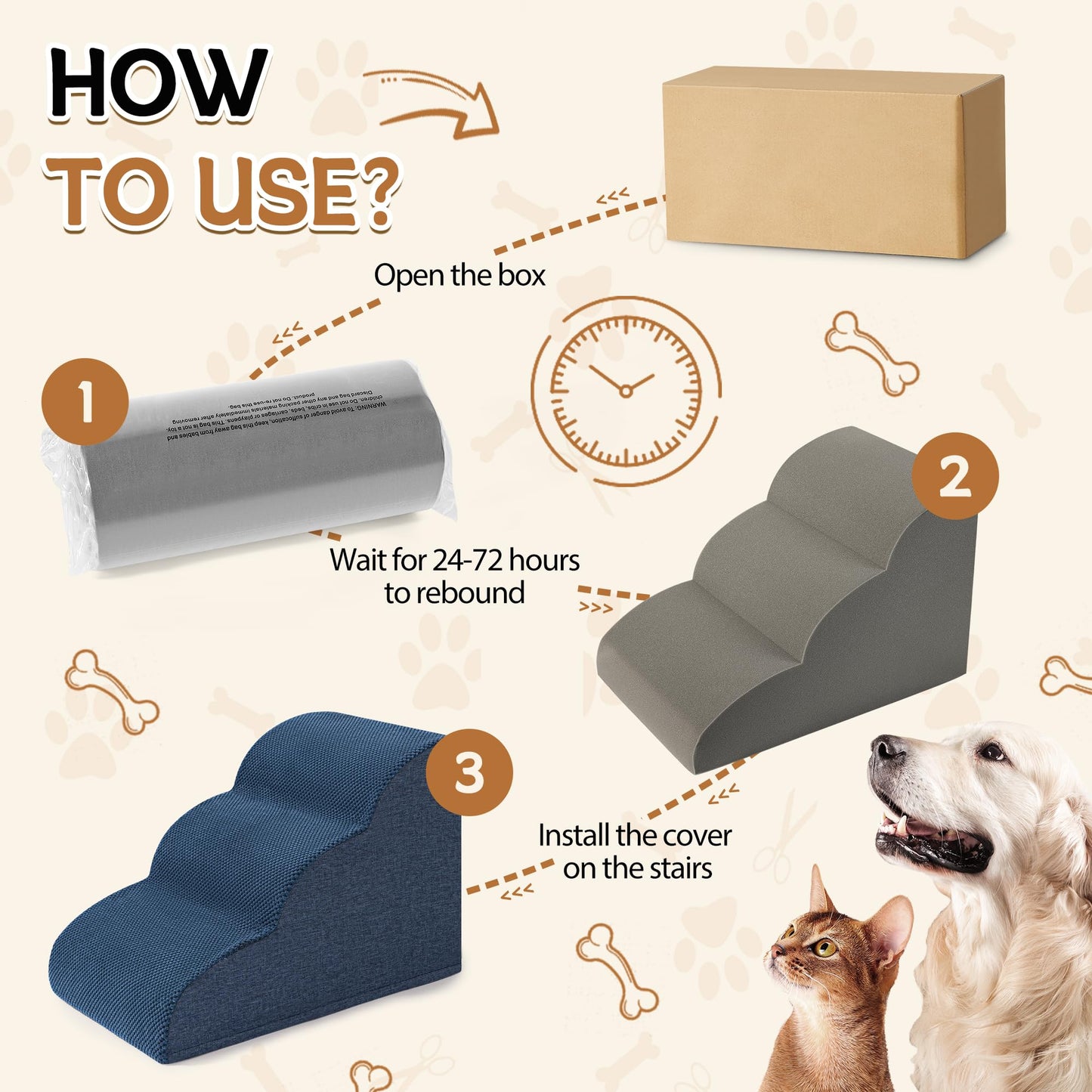 Romrol Dog Stairs Ramp for Beds Couches, Extra Wide Pet Steps with Durable Non-Slip Waterproof Fabric Cover, Dog Slope Stairs for Small Dogs and Cats or Pets Friendly, 3-Tiers