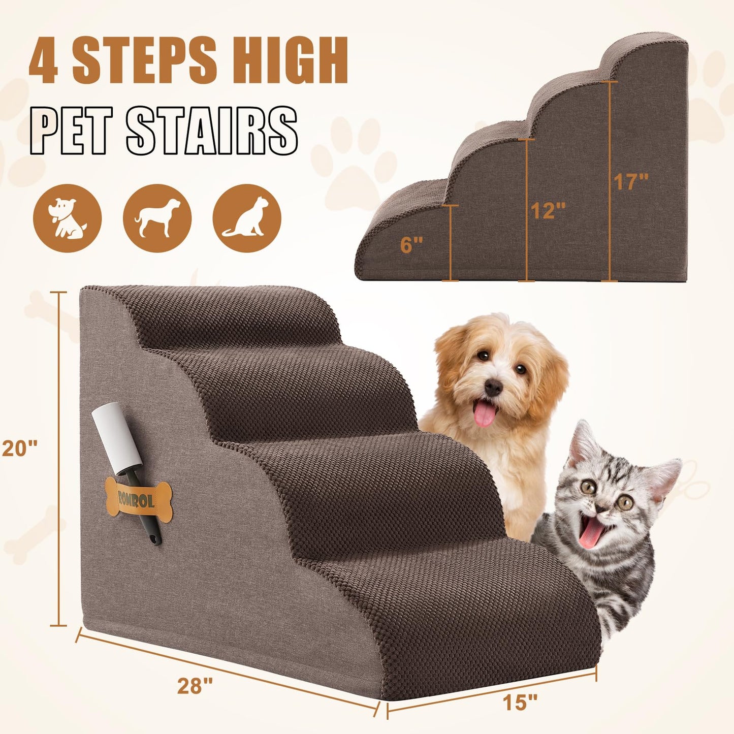 Romrol Dog Stairs Ramp for Beds Couches, Extra Wide Pet Steps with Durable Non-Slip Waterproof Fabric Cover, Dog Slope Stairs for Small Dogs and Cats or Pets Friendly, 3-Tiers