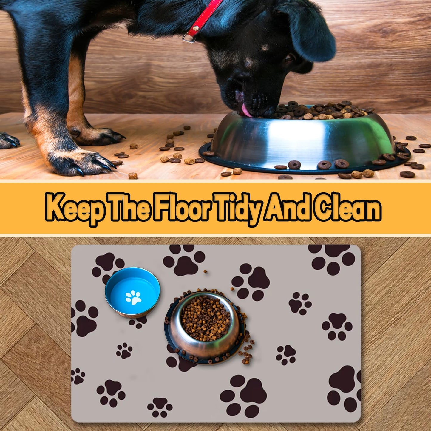 18"×30" Dog Food Mat-Absorbent Dog Mat for Food and Water, No Stains Quick Dry Cat Dog Food Bowl Mat Non Skid Dog Feeding Mat with Footprints for Messy Drinkers,Dark Grey
