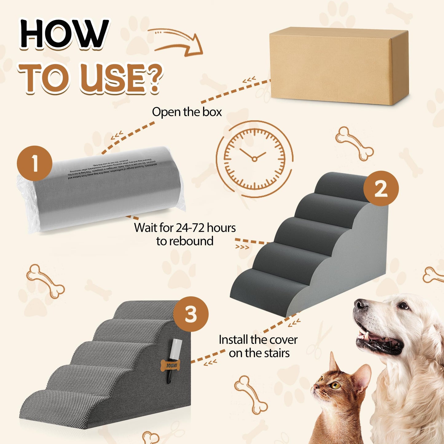 Romrol Dog Stairs Ramp for Beds Couches, Extra Wide Pet Steps with Durable Non-Slip Waterproof Fabric Cover, Dog Slope Stairs for Small Dogs and Cats or Pets Friendly, 3-Tiers