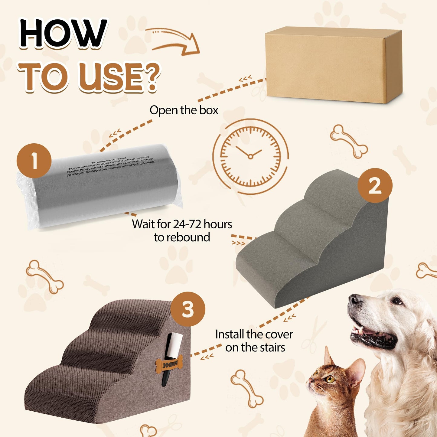 Romrol Dog Stairs Ramp for Beds Couches, Extra Wide Pet Steps with Durable Non-Slip Waterproof Fabric Cover, Dog Slope Stairs for Small Dogs and Cats or Pets Friendly, 3-Tiers