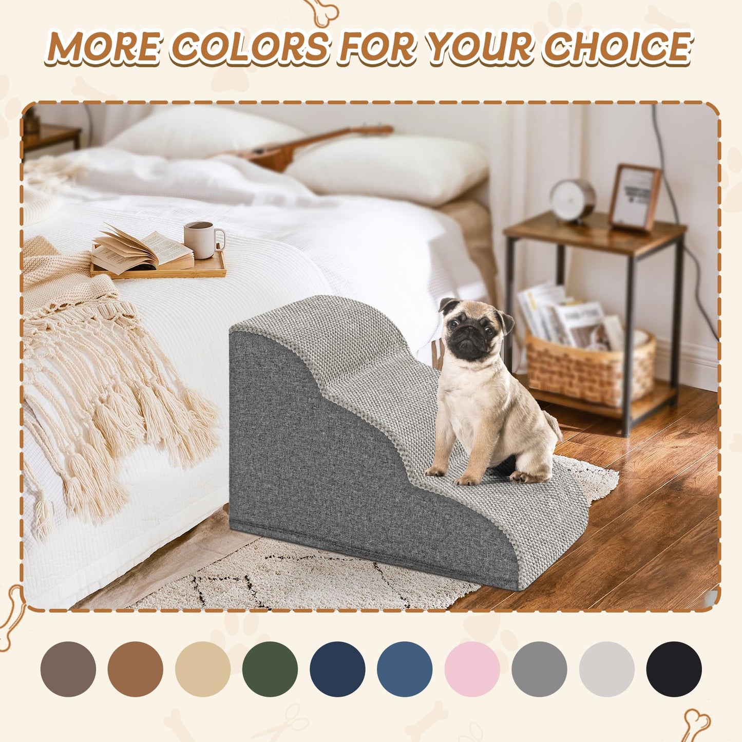 Romrol Dog Stairs Ramp for Beds Couches, Extra Wide Pet Steps with Durable Non-Slip Waterproof Fabric Cover, Dog Slope Stairs for Small Dogs and Cats or Pets Friendly, 3-Tiers