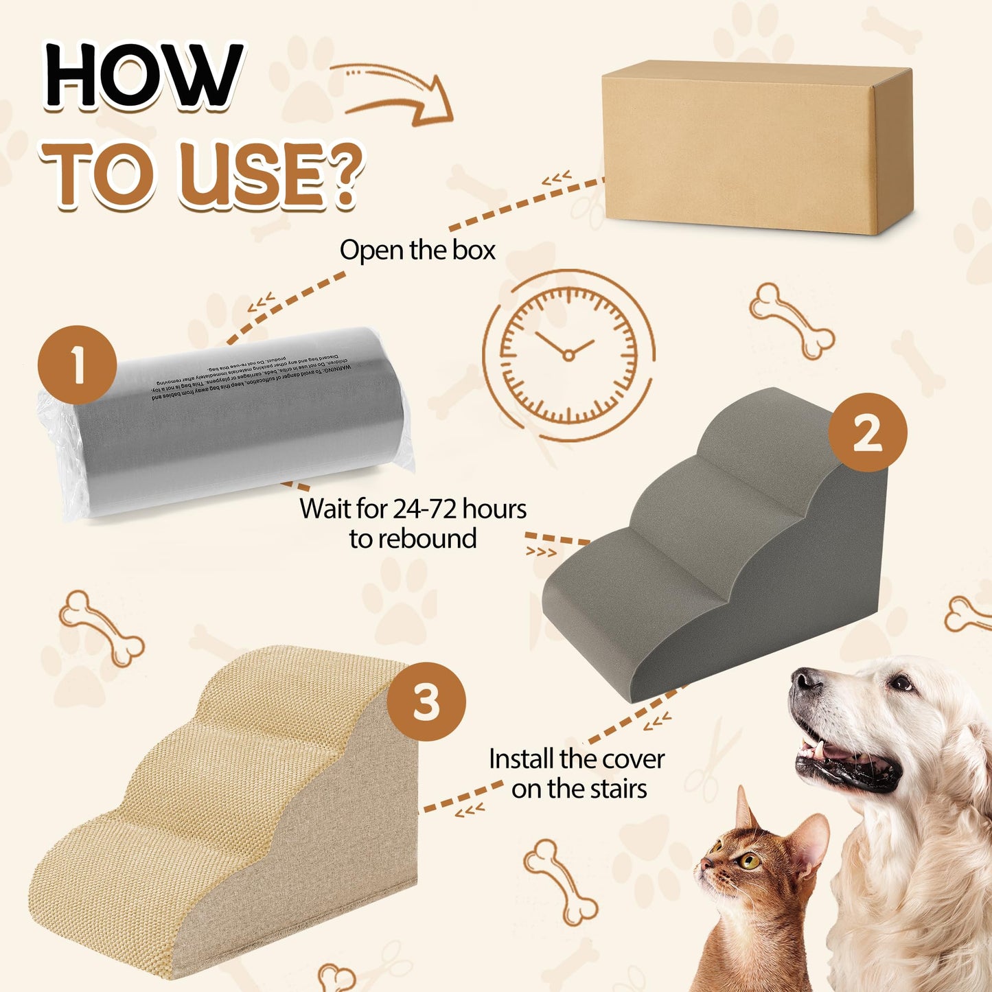 Romrol Dog Stairs Ramp for Beds Couches, Extra Wide Pet Steps with Durable Non-Slip Waterproof Fabric Cover, Dog Slope Stairs for Small Dogs and Cats or Pets Friendly, 3-Tiers