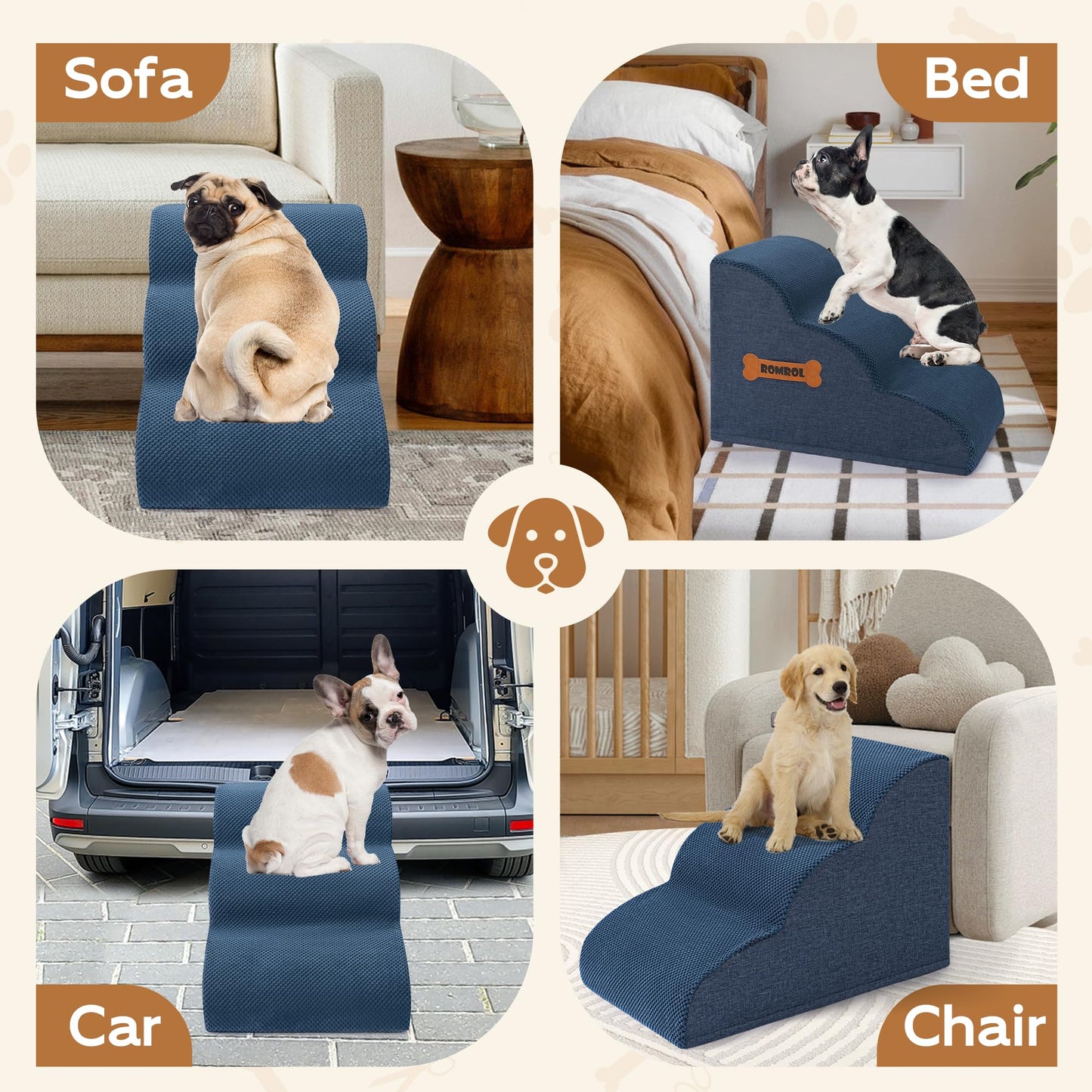 Romrol Dog Stairs Ramp for Beds Couches, Extra Wide Pet Steps with Durable Non-Slip Waterproof Fabric Cover, Dog Slope Stairs for Small Dogs and Cats or Pets Friendly, 3-Tiers