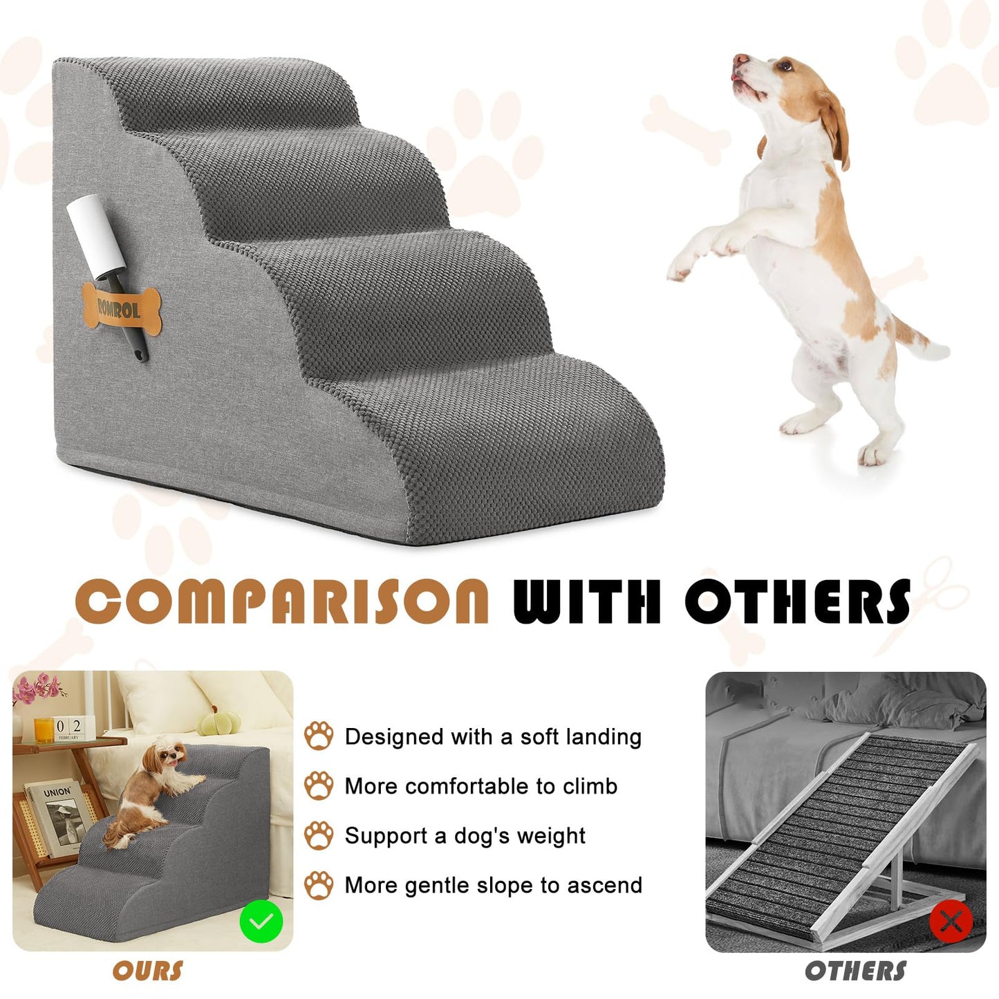 Romrol Dog Stairs Ramp for Beds Couches, Extra Wide Pet Steps with Durable Non-Slip Waterproof Fabric Cover, Dog Slope Stairs for Small Dogs and Cats or Pets Friendly, 3-Tiers
