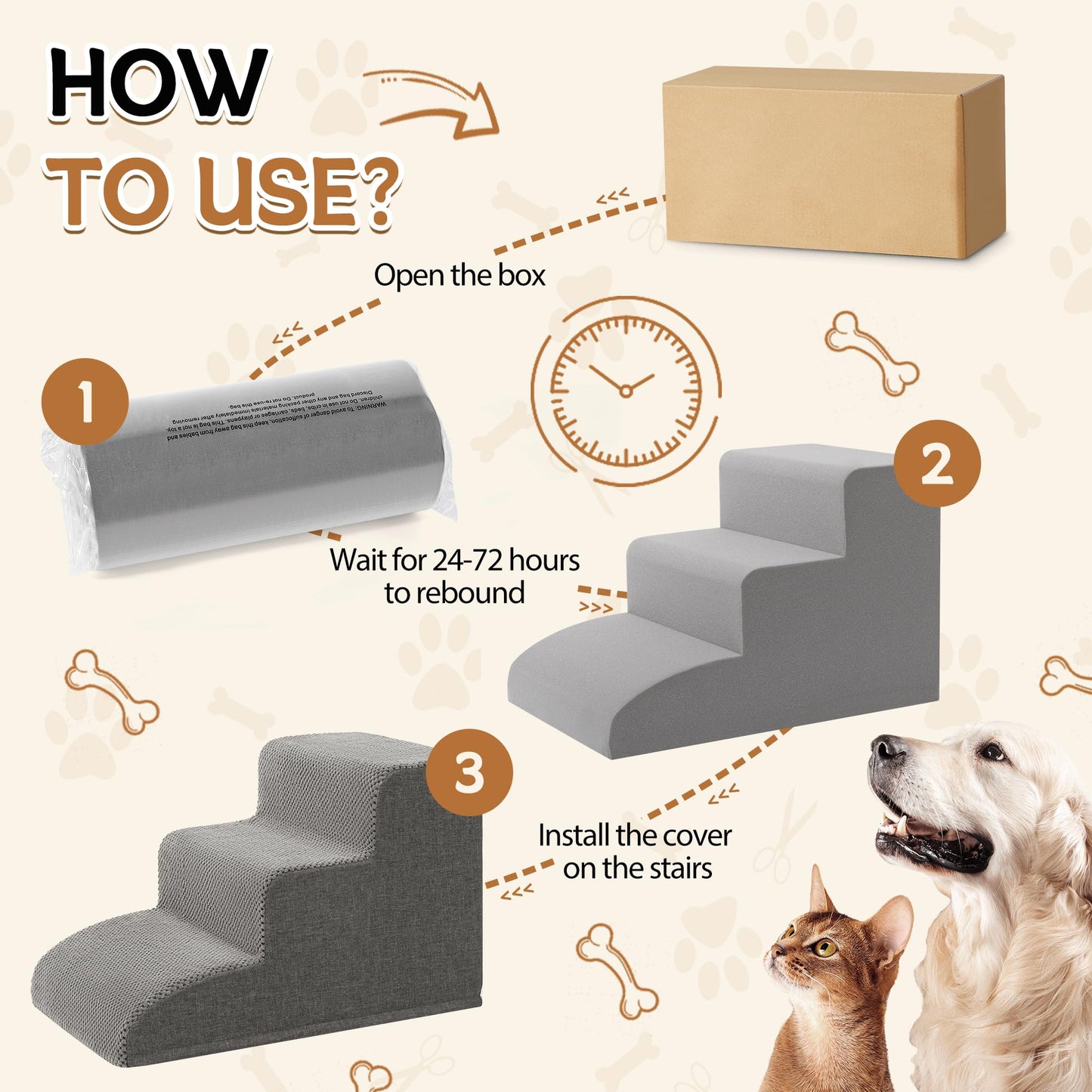 Romrol Dog Stairs Ramp for Beds Couches, Extra Wide Pet Steps with Durable Non-Slip Waterproof Fabric Cover, Dog Slope Stairs for Small Dogs and Cats or Pets Friendly, 3-Tiers