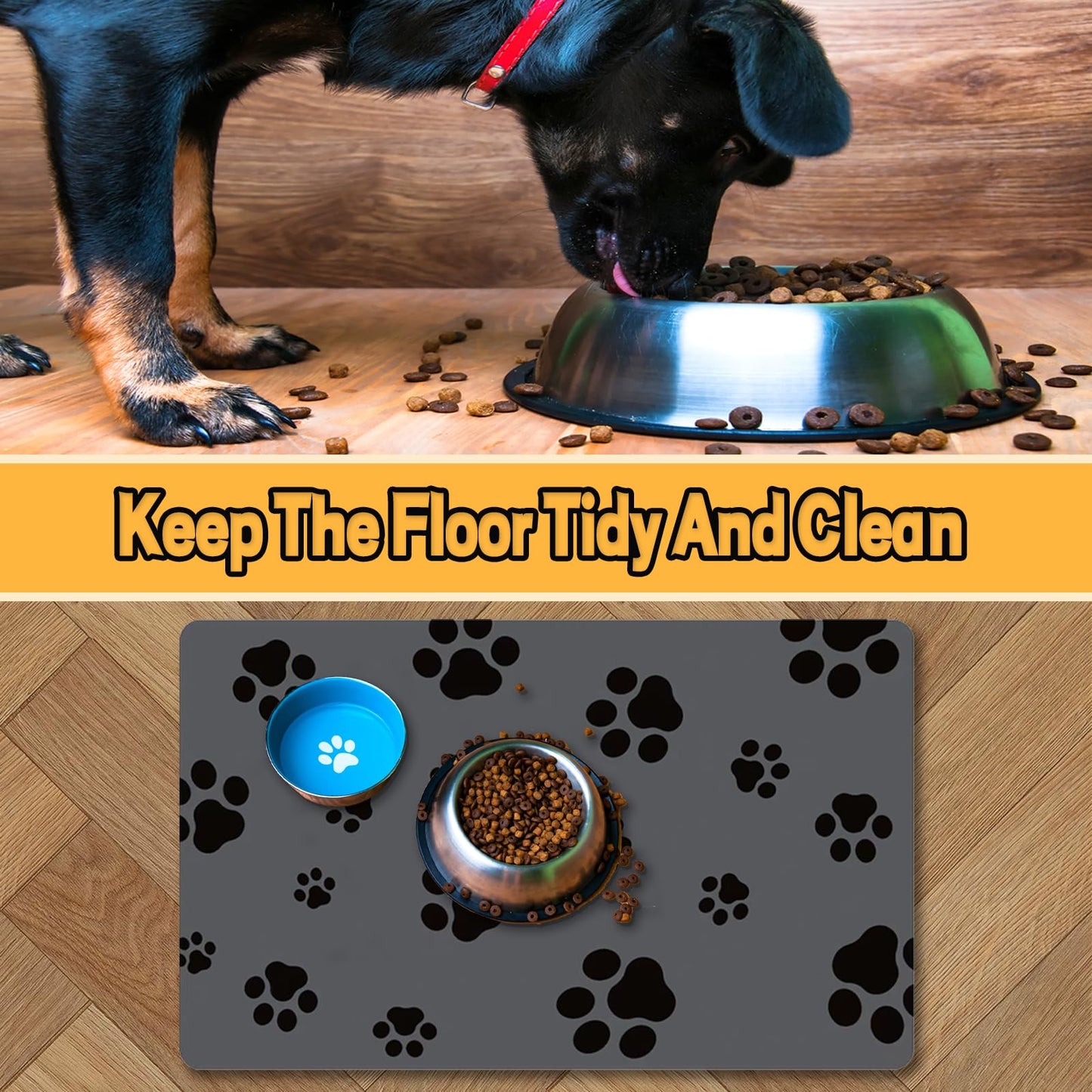 18"×30" Dog Food Mat-Absorbent Dog Mat for Food and Water, No Stains Quick Dry Cat Dog Food Bowl Mat Non Skid Dog Feeding Mat with Footprints for Messy Drinkers,Dark Grey