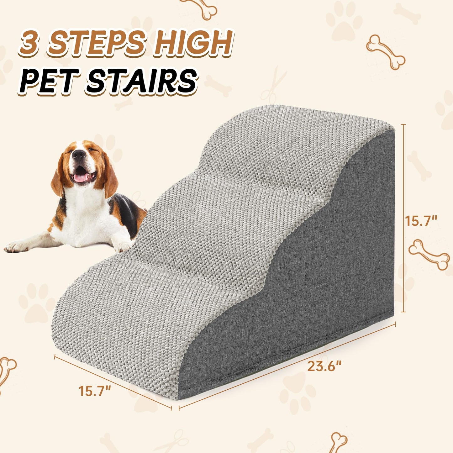 Romrol Dog Stairs Ramp for Beds Couches, Extra Wide Pet Steps with Durable Non-Slip Waterproof Fabric Cover, Dog Slope Stairs for Small Dogs and Cats or Pets Friendly, 3-Tiers