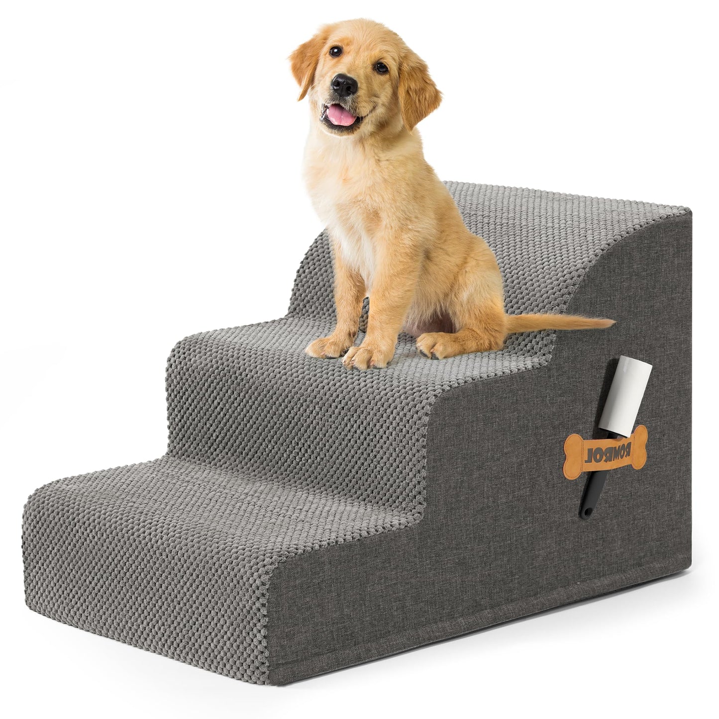 Romrol Dog Stairs Ramp for Beds Couches, Extra Wide Pet Steps with Durable Non-Slip Waterproof Fabric Cover, Dog Slope Stairs for Small Dogs and Cats or Pets Friendly, 3-Tiers