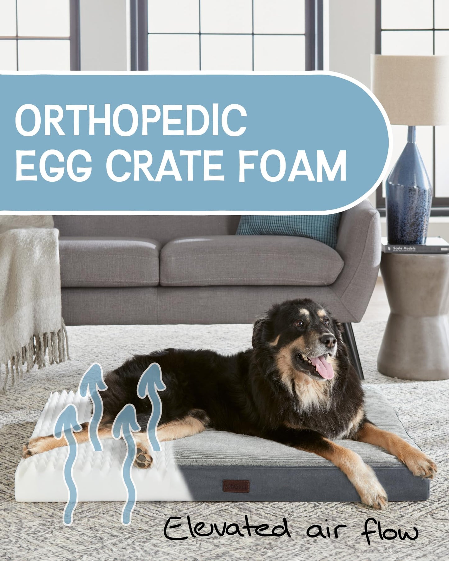 35 Inch Orthopedic Waterproof & Machine Washable Dog Bed with Egg Crate Foam Support, Non-Slip Bottom and Removable Pet Bed Cover for Extra Large, Large, Medium, Small Dogs (Gray)