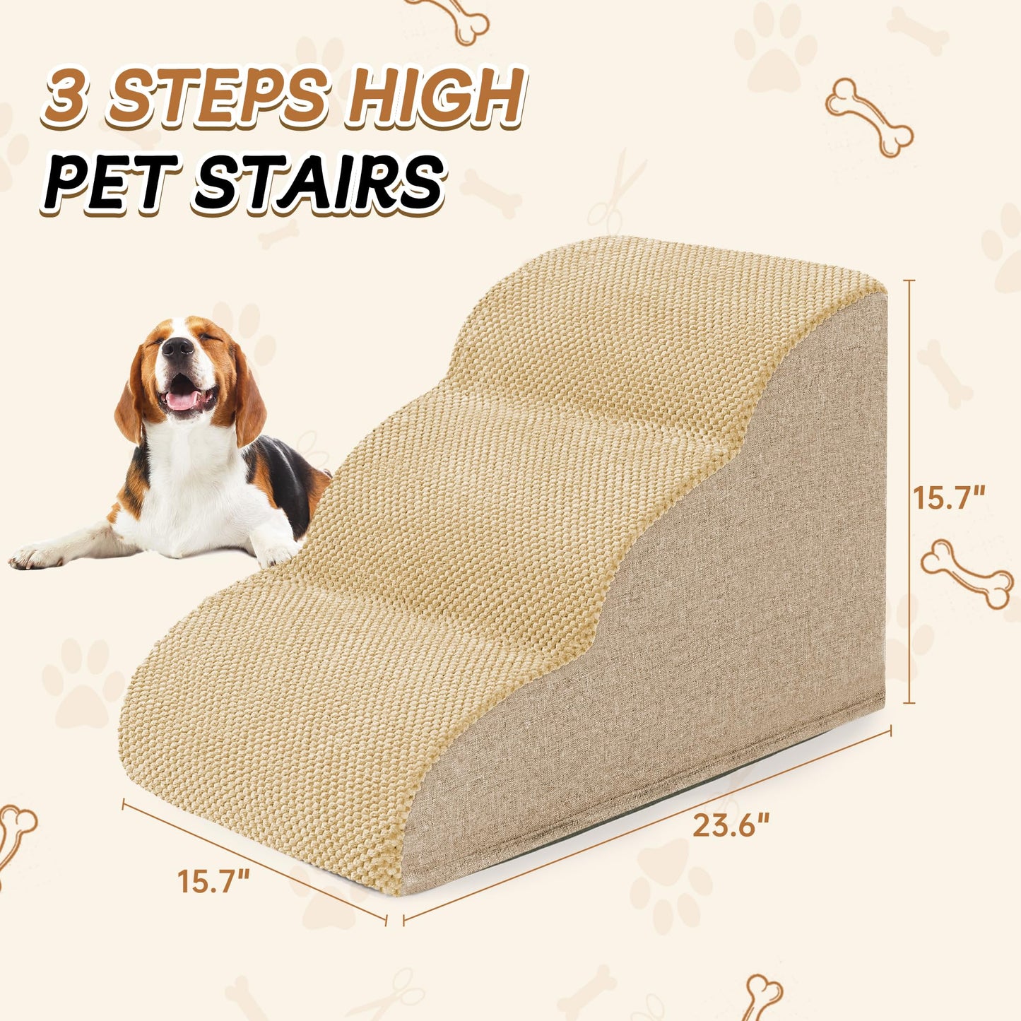 Romrol Dog Stairs Ramp for Beds Couches, Extra Wide Pet Steps with Durable Non-Slip Waterproof Fabric Cover, Dog Slope Stairs for Small Dogs and Cats or Pets Friendly, 3-Tiers