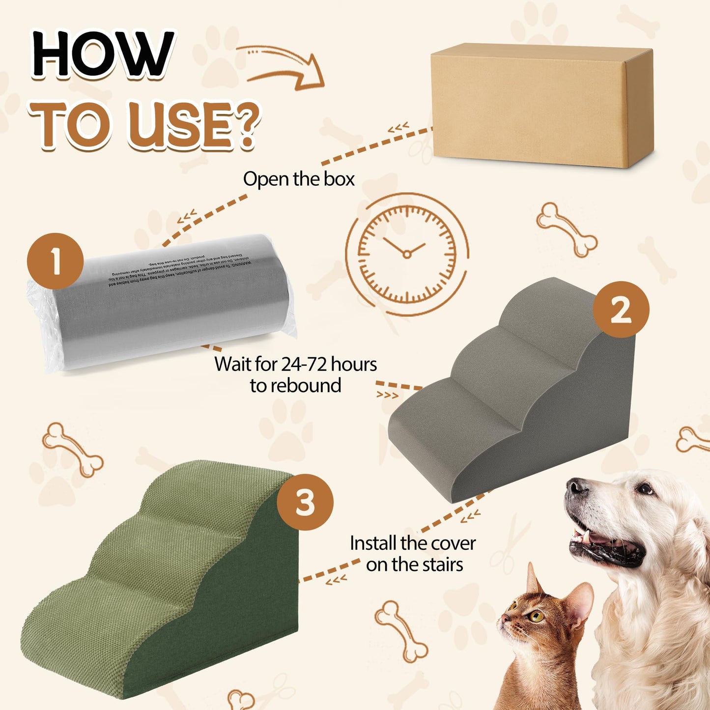 Romrol Dog Stairs Ramp for Beds Couches, Extra Wide Pet Steps with Durable Non-Slip Waterproof Fabric Cover, Dog Slope Stairs for Small Dogs and Cats or Pets Friendly, 3-Tiers