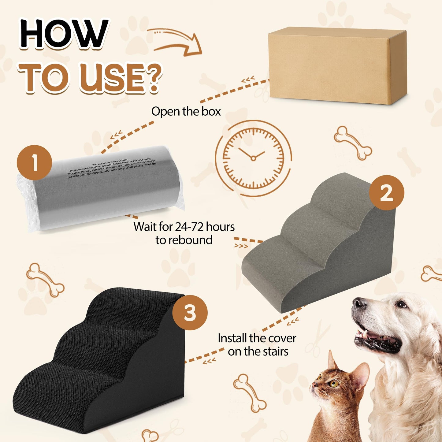 Romrol Dog Stairs Ramp for Beds Couches, Extra Wide Pet Steps with Durable Non-Slip Waterproof Fabric Cover, Dog Slope Stairs for Small Dogs and Cats or Pets Friendly, 3-Tiers