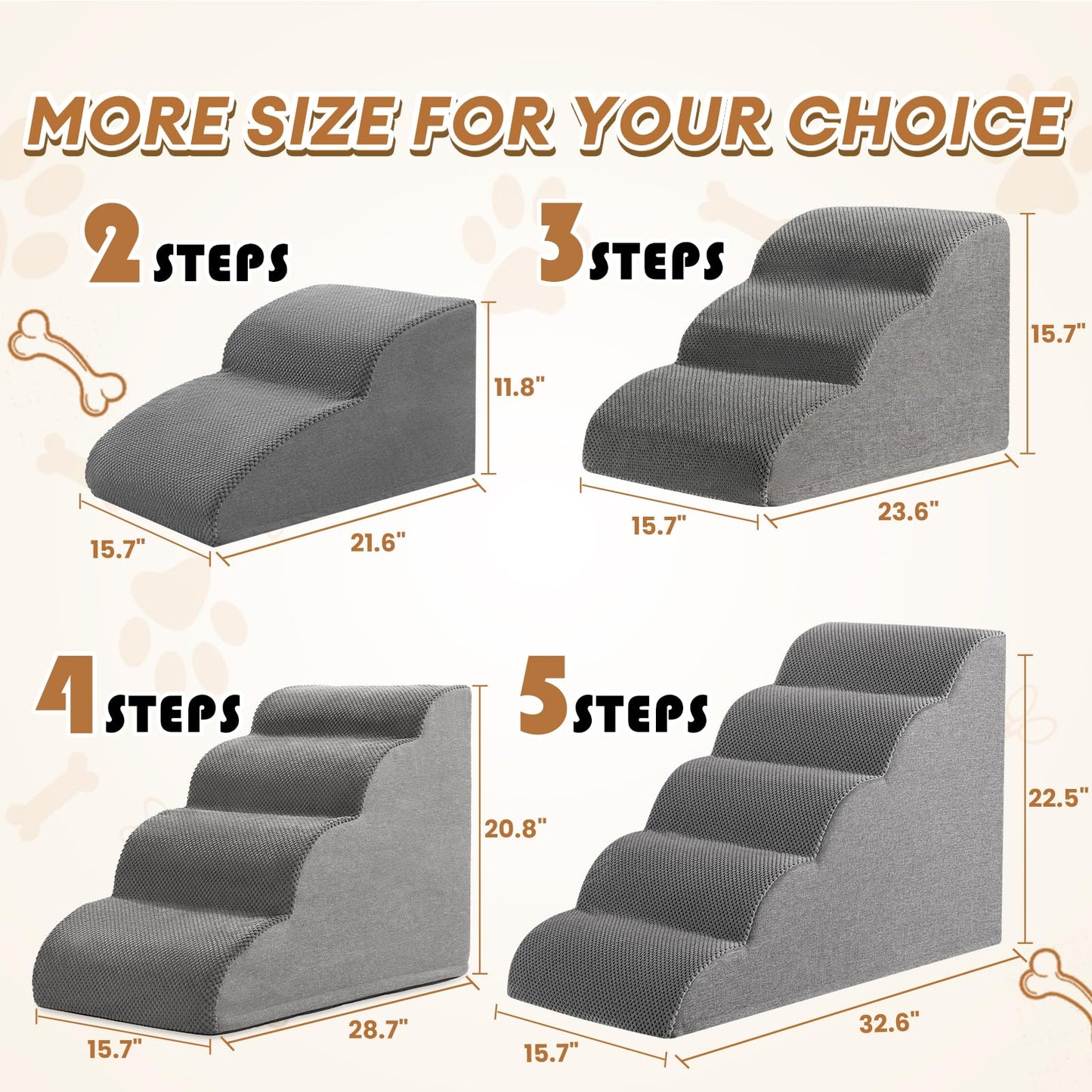 Romrol Dog Stairs Ramp for Beds Couches, Extra Wide Pet Steps with Durable Non-Slip Waterproof Fabric Cover, Dog Slope Stairs for Small Dogs and Cats or Pets Friendly, 3-Tiers
