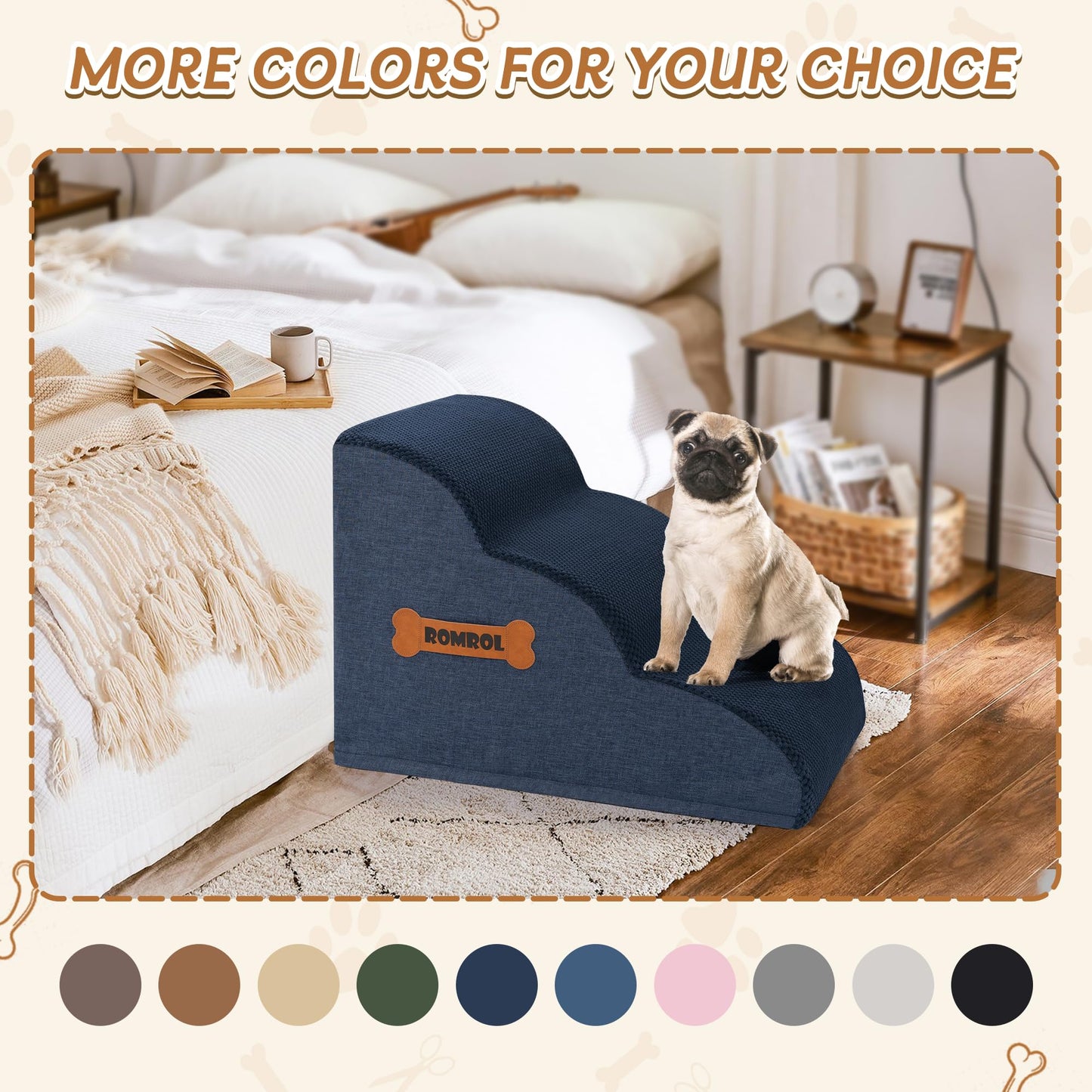 Romrol Dog Stairs Ramp for Beds Couches, Extra Wide Pet Steps with Durable Non-Slip Waterproof Fabric Cover, Dog Slope Stairs for Small Dogs and Cats or Pets Friendly, 3-Tiers