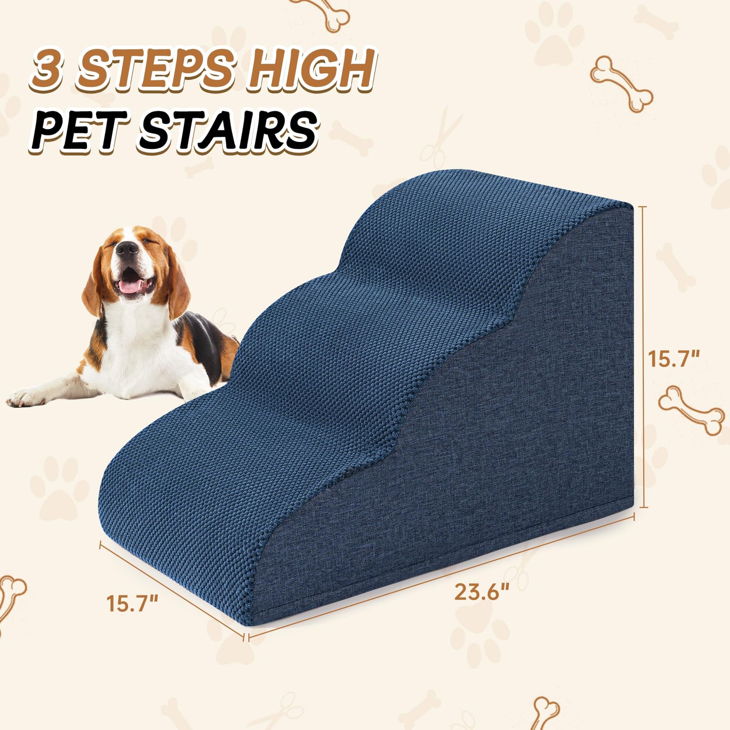 Romrol Dog Stairs Ramp for Beds Couches, Extra Wide Pet Steps with Durable Non-Slip Waterproof Fabric Cover, Dog Slope Stairs for Small Dogs and Cats or Pets Friendly, 3-Tiers