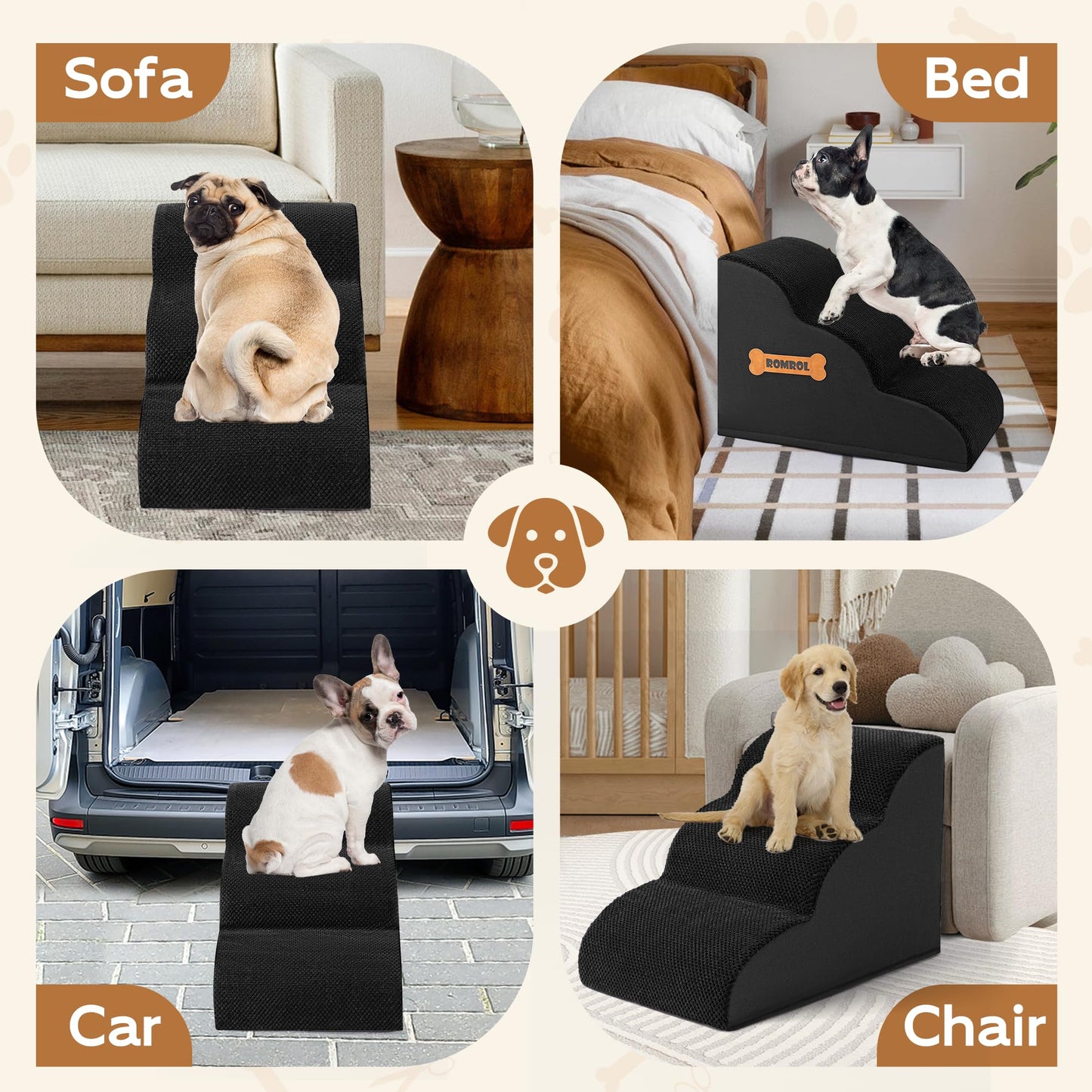 Romrol Dog Stairs Ramp for Beds Couches, Extra Wide Pet Steps with Durable Non-Slip Waterproof Fabric Cover, Dog Slope Stairs for Small Dogs and Cats or Pets Friendly, 3-Tiers