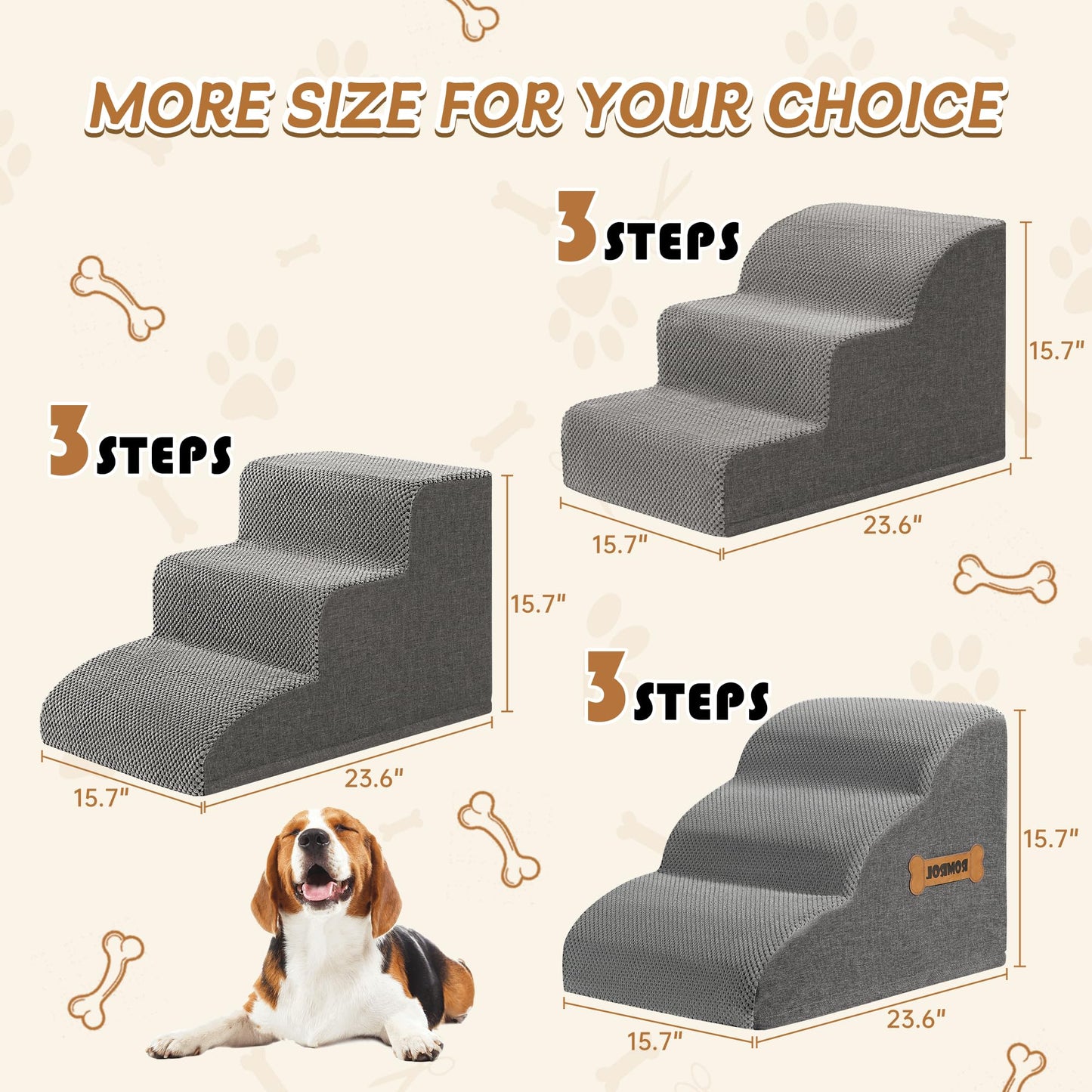 Romrol Dog Stairs Ramp for Beds Couches, Extra Wide Pet Steps with Durable Non-Slip Waterproof Fabric Cover, Dog Slope Stairs for Small Dogs and Cats or Pets Friendly, 3-Tiers