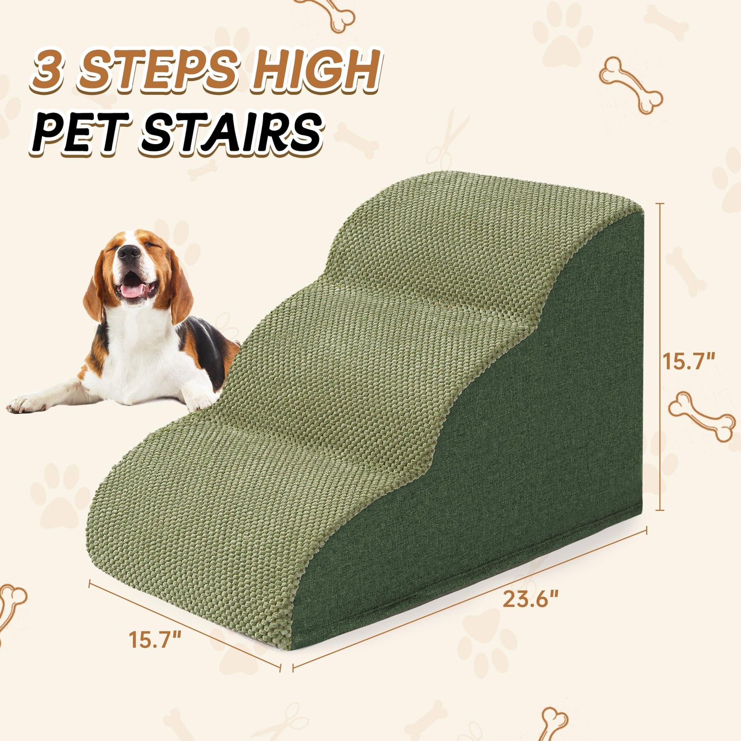Romrol Dog Stairs Ramp for Beds Couches, Extra Wide Pet Steps with Durable Non-Slip Waterproof Fabric Cover, Dog Slope Stairs for Small Dogs and Cats or Pets Friendly, 3-Tiers
