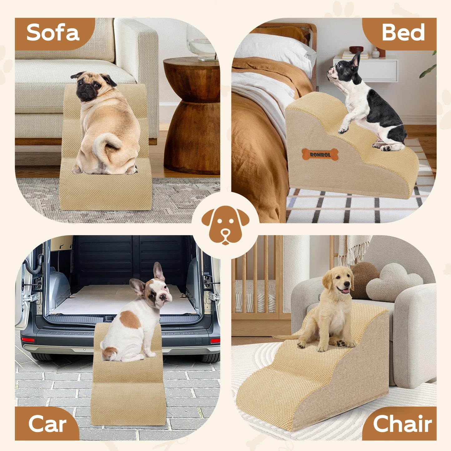 Romrol Dog Stairs Ramp for Beds Couches, Extra Wide Pet Steps with Durable Non-Slip Waterproof Fabric Cover, Dog Slope Stairs for Small Dogs and Cats or Pets Friendly, 3-Tiers