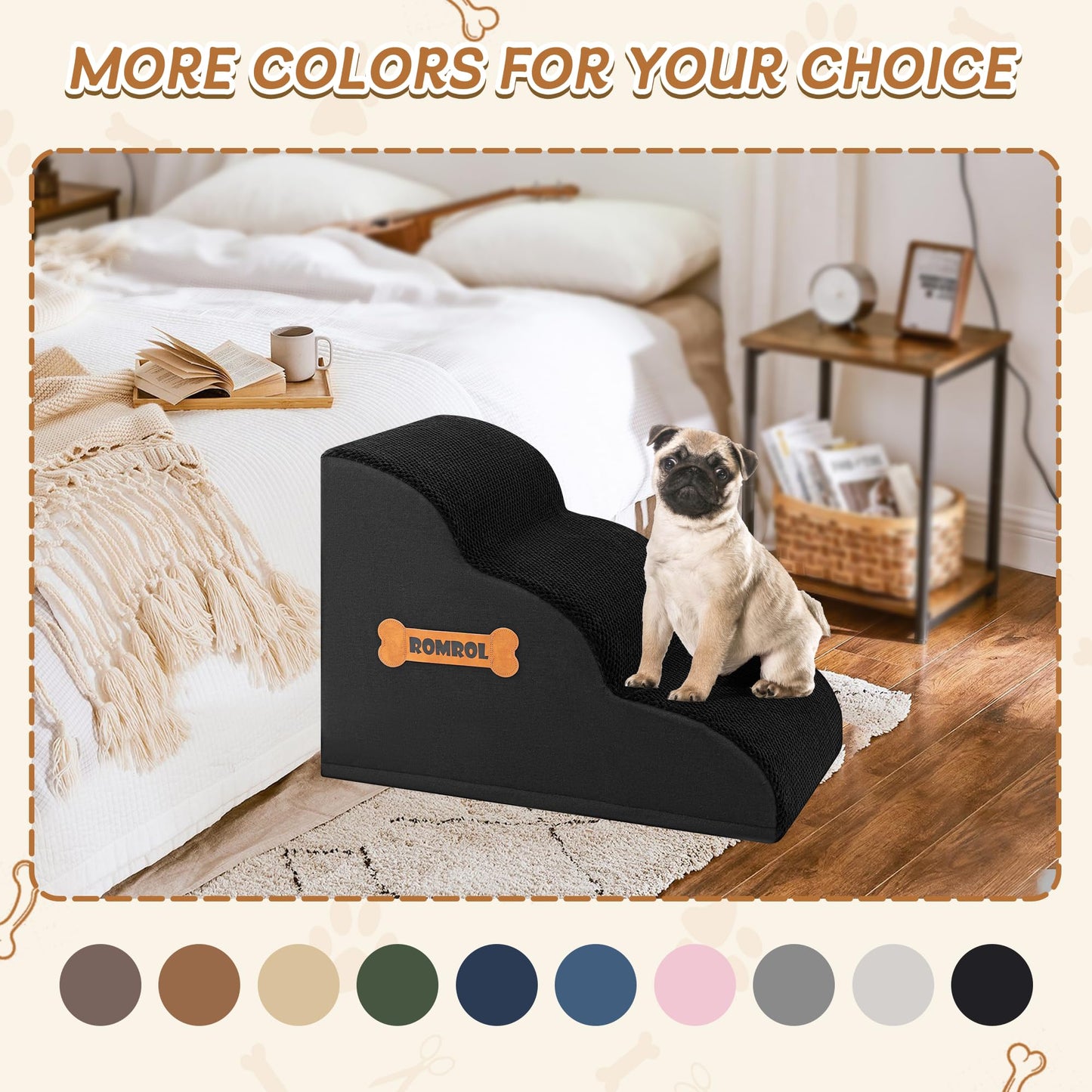 Romrol Dog Stairs Ramp for Beds Couches, Extra Wide Pet Steps with Durable Non-Slip Waterproof Fabric Cover, Dog Slope Stairs for Small Dogs and Cats or Pets Friendly, 3-Tiers